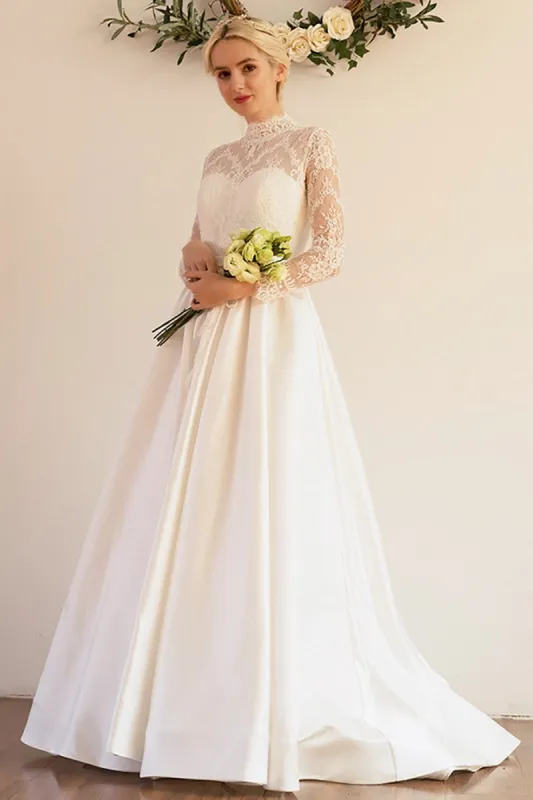 A-Line Sweep-Brush Train Lace Satin Wedding Dress CW3044 sold by Cocomelody