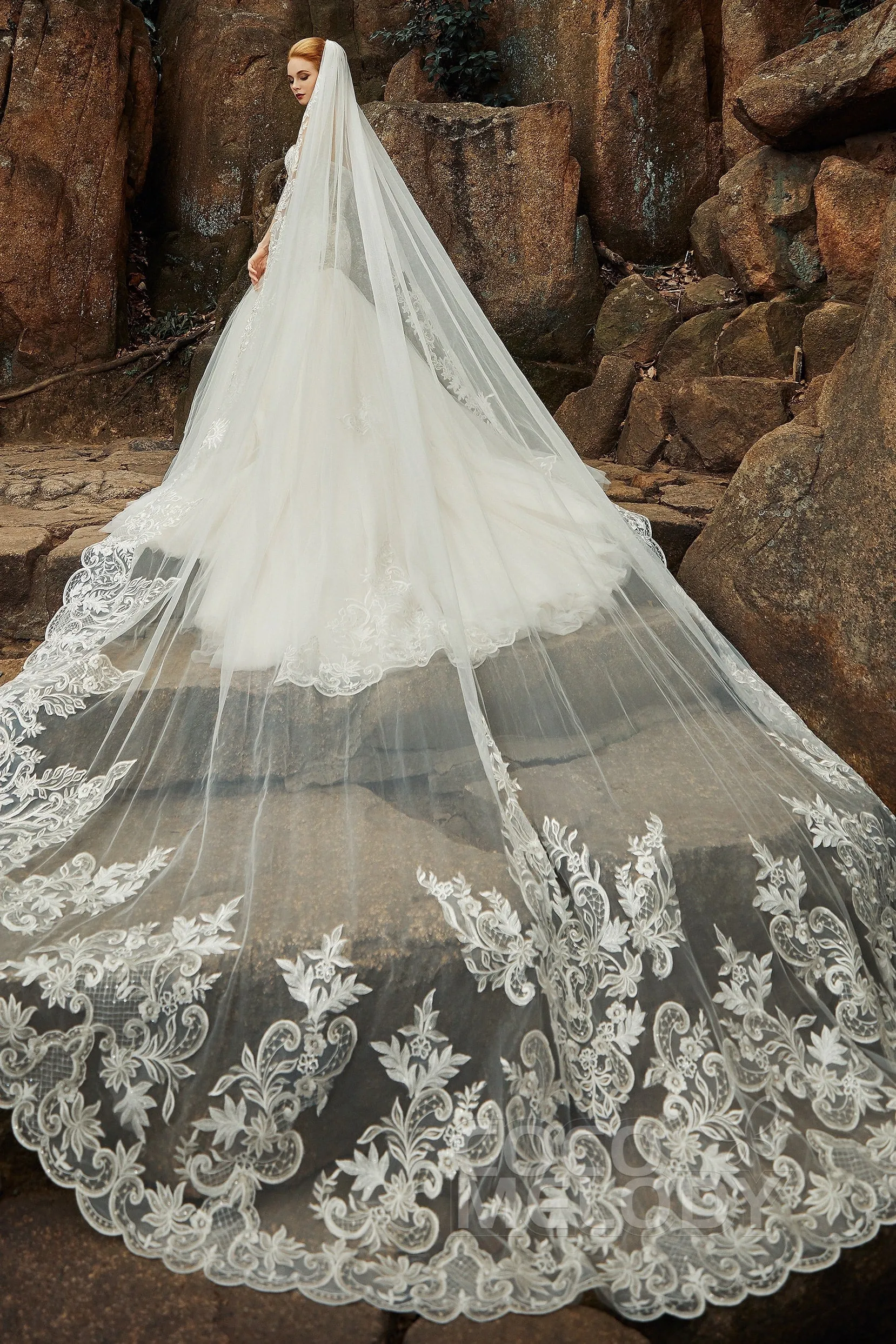 One-tier Lace Tulle Cathedral Veils Appliques Beading CV0190 sold by Cocomelody product image thumbnail 3