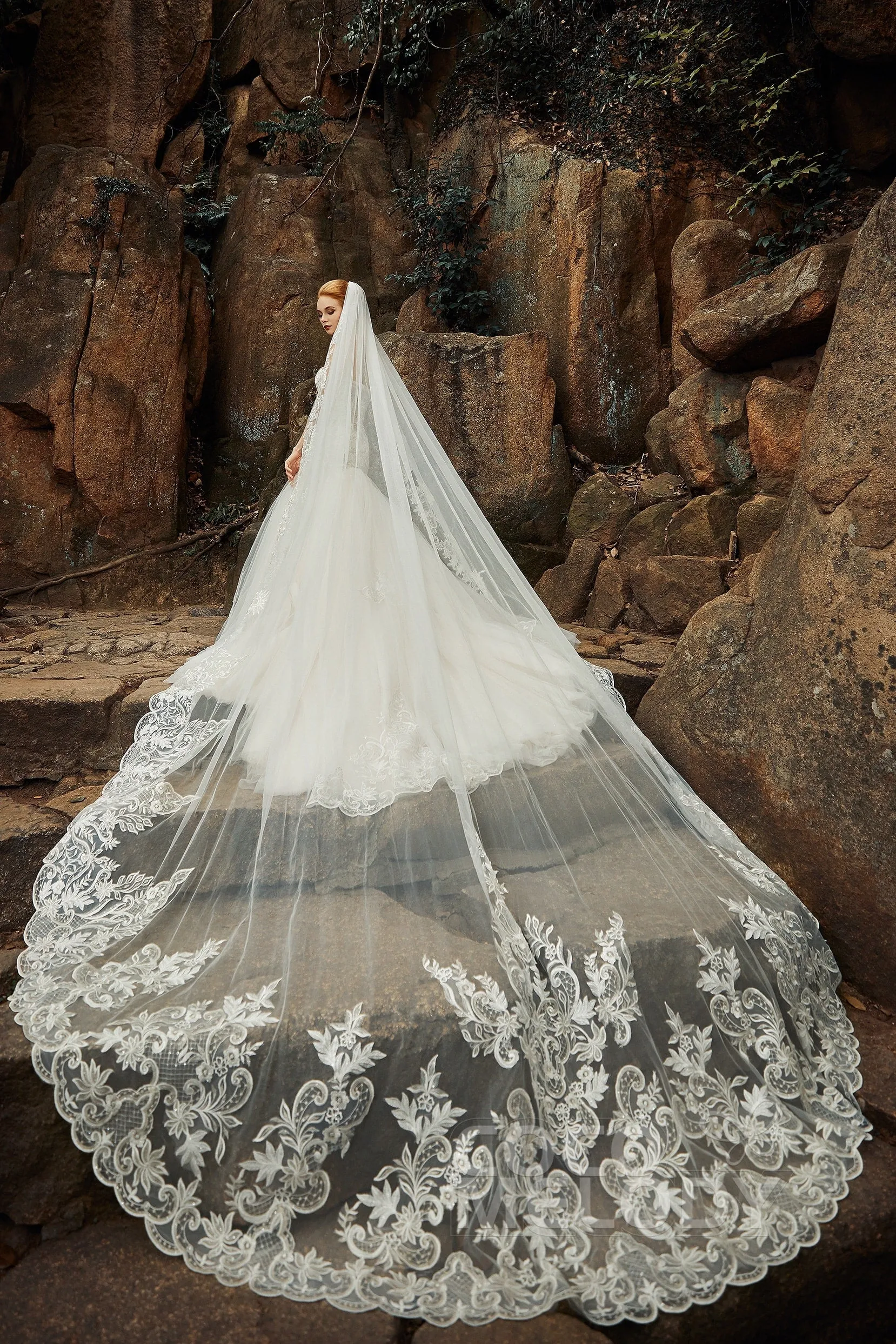 One-tier Lace Tulle Cathedral Veils Appliques Beading CV0190 sold by Cocomelody