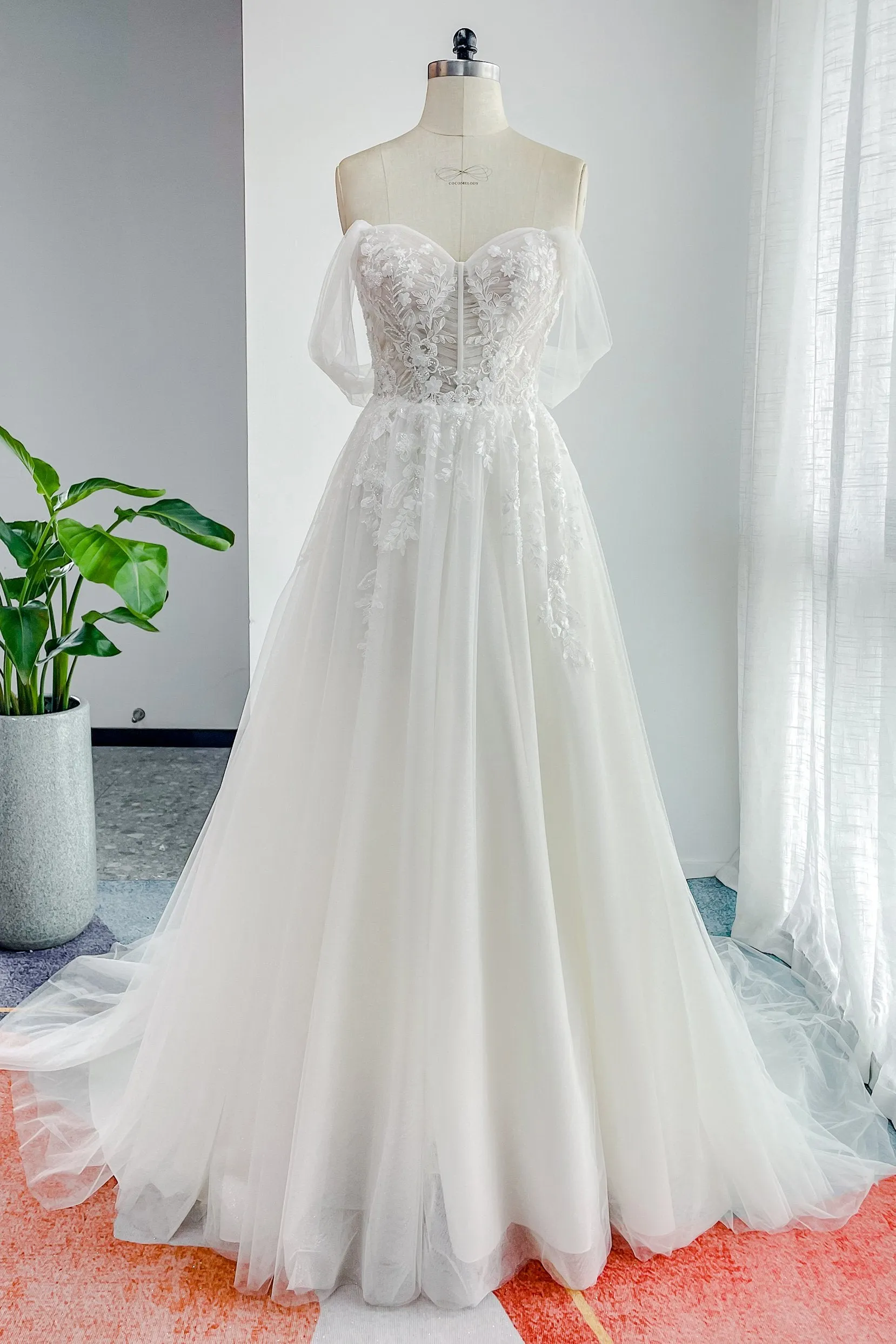 A-Line Court Train Lace Tulle Wedding Dress CW3155 sold by Cocomelody