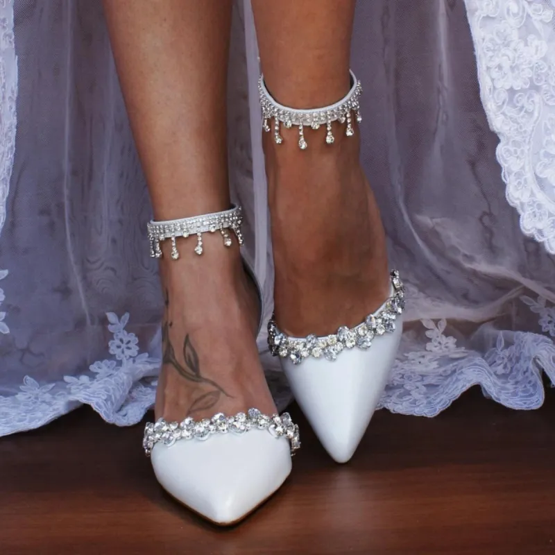 White Rhinestone Ankle Strap Pointy Block Heels 709534419682 sold by Cocomelody