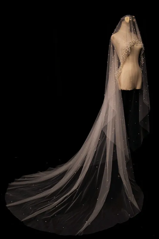 One-tier Cut Edge Tulle Chapel Veils with Pearls CV0348 sold by Cocomelody