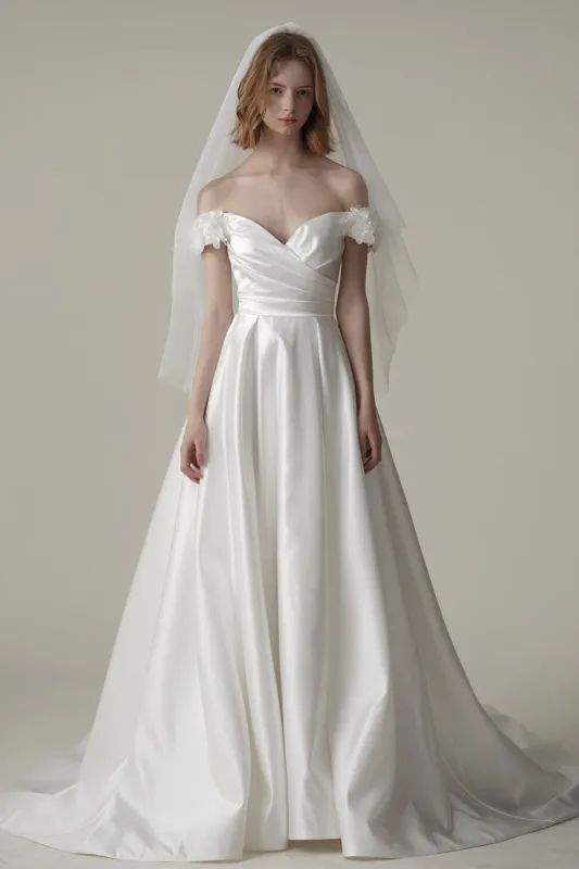 A-Line Sweep-Brush Train Satin Wedding Dress CW3093 sold by Cocomelody