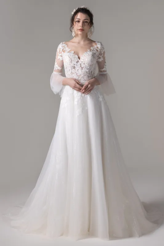 A-Line Court Train Lace Sequined Tulle Wedding Dress CW2784 sold by Cocomelody