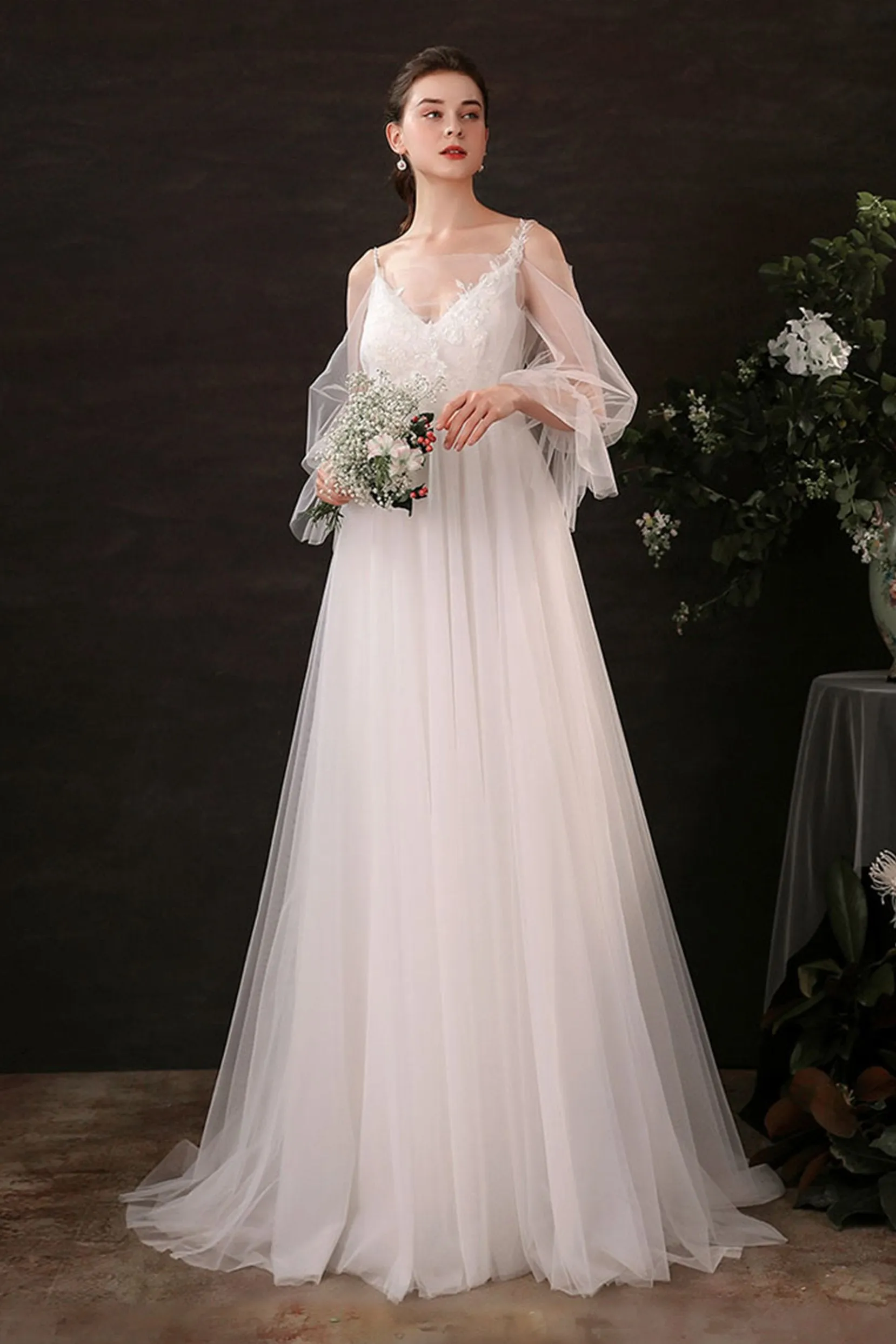 A-Line Floor Length Lace Tulle Wedding Dress CW2688 sold by Cocomelody product image thumbnail 4