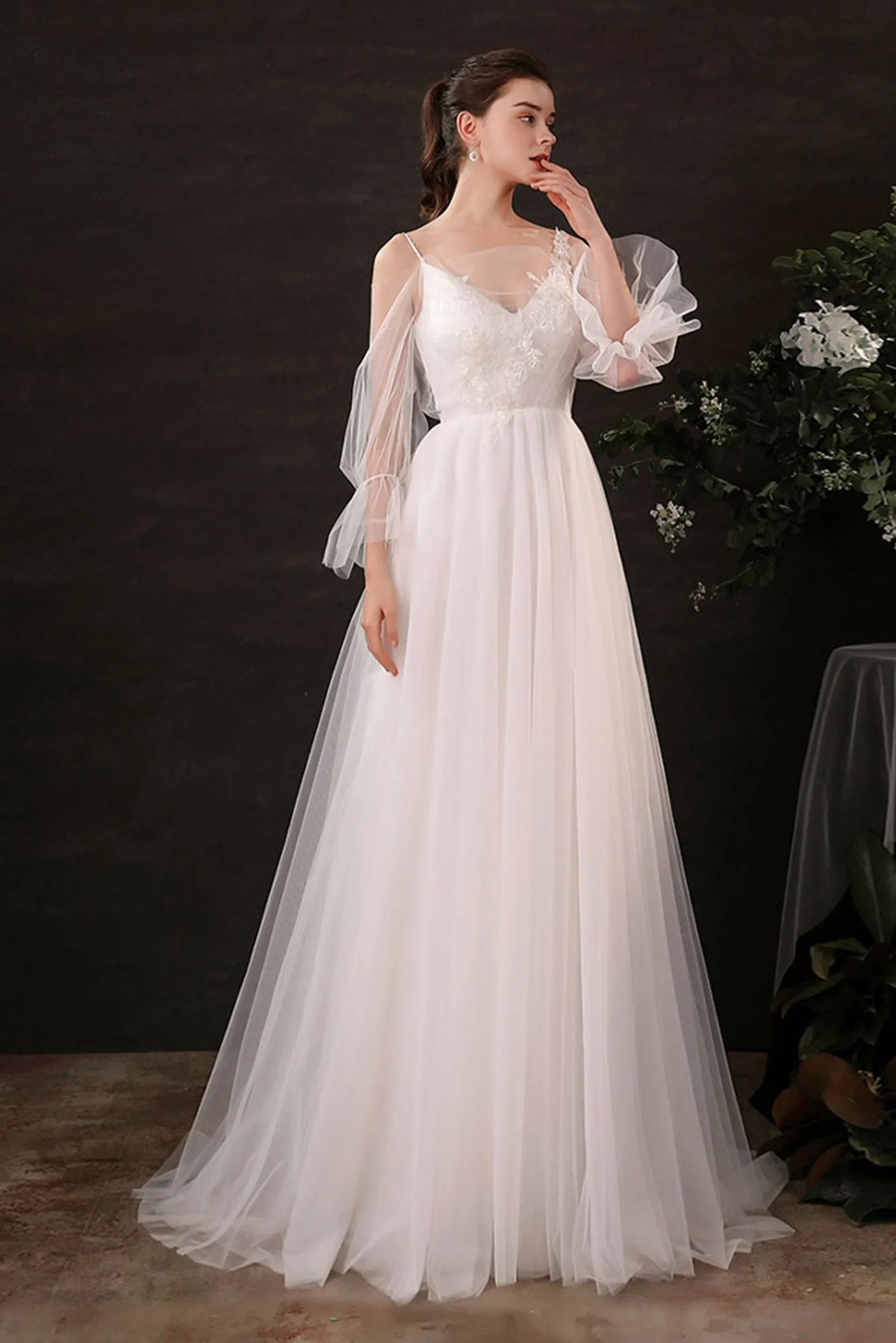A-Line Floor Length Lace Tulle Wedding Dress CW2688 sold by Cocomelody