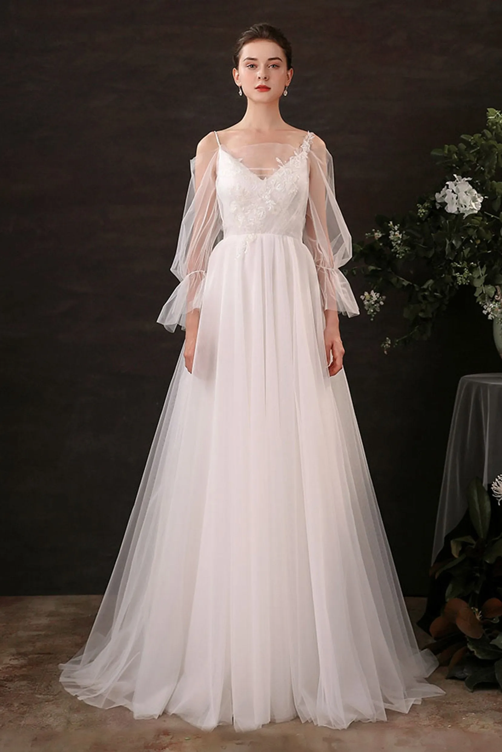 A-Line Floor Length Lace Tulle Wedding Dress CW2688 sold by Cocomelody product image thumbnail 3