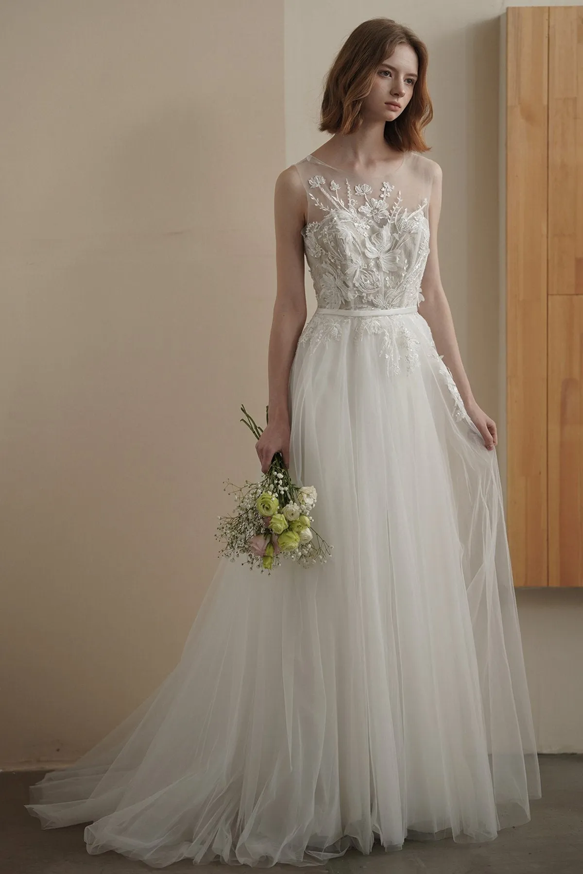 A-Line Sweep-Brush Train Lace Tulle Wedding Dress CW3090 sold by Cocomelody product image thumbnail 4