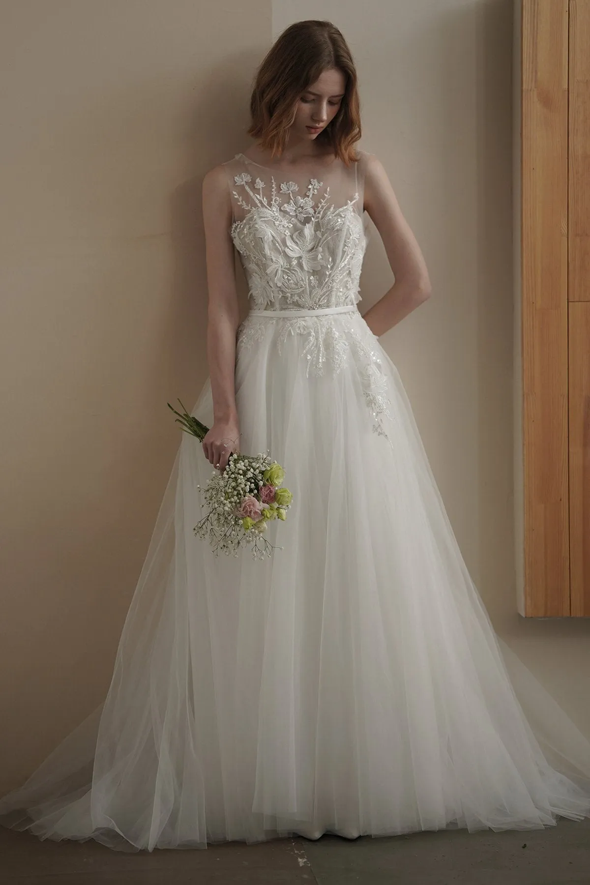A-Line Sweep-Brush Train Lace Tulle Wedding Dress CW3090 sold by Cocomelody