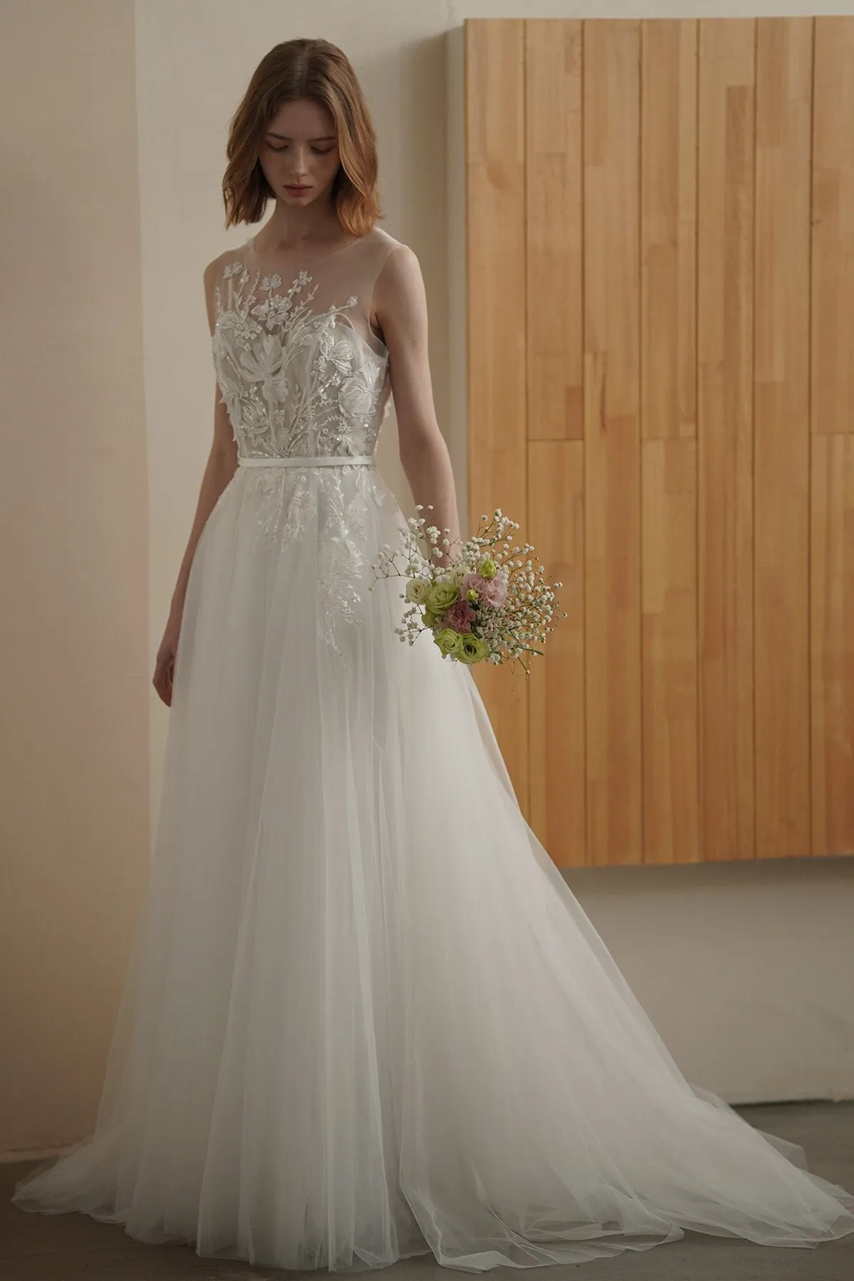 A-Line Sweep-Brush Train Lace Tulle Wedding Dress CW3090 sold by Cocomelody product image thumbnail 3