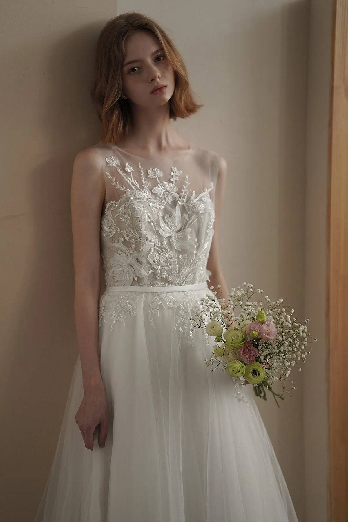 A-Line Sweep-Brush Train Lace Tulle Wedding Dress CW3090 sold by Cocomelody product image thumbnail 5
