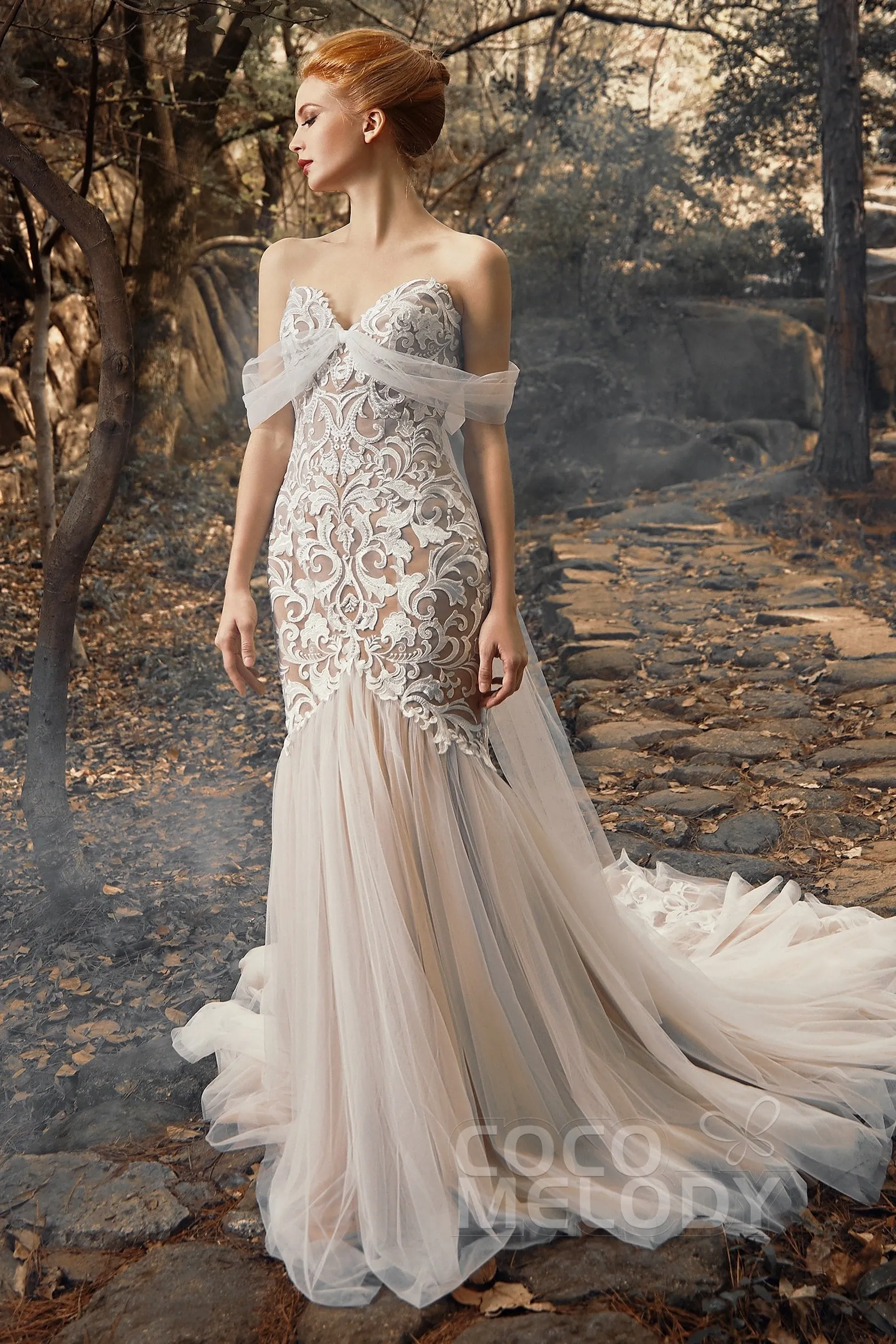 Trumpet Court Train Tulle Elastic Satin Wedding Dress CW2126 sold by Cocomelody