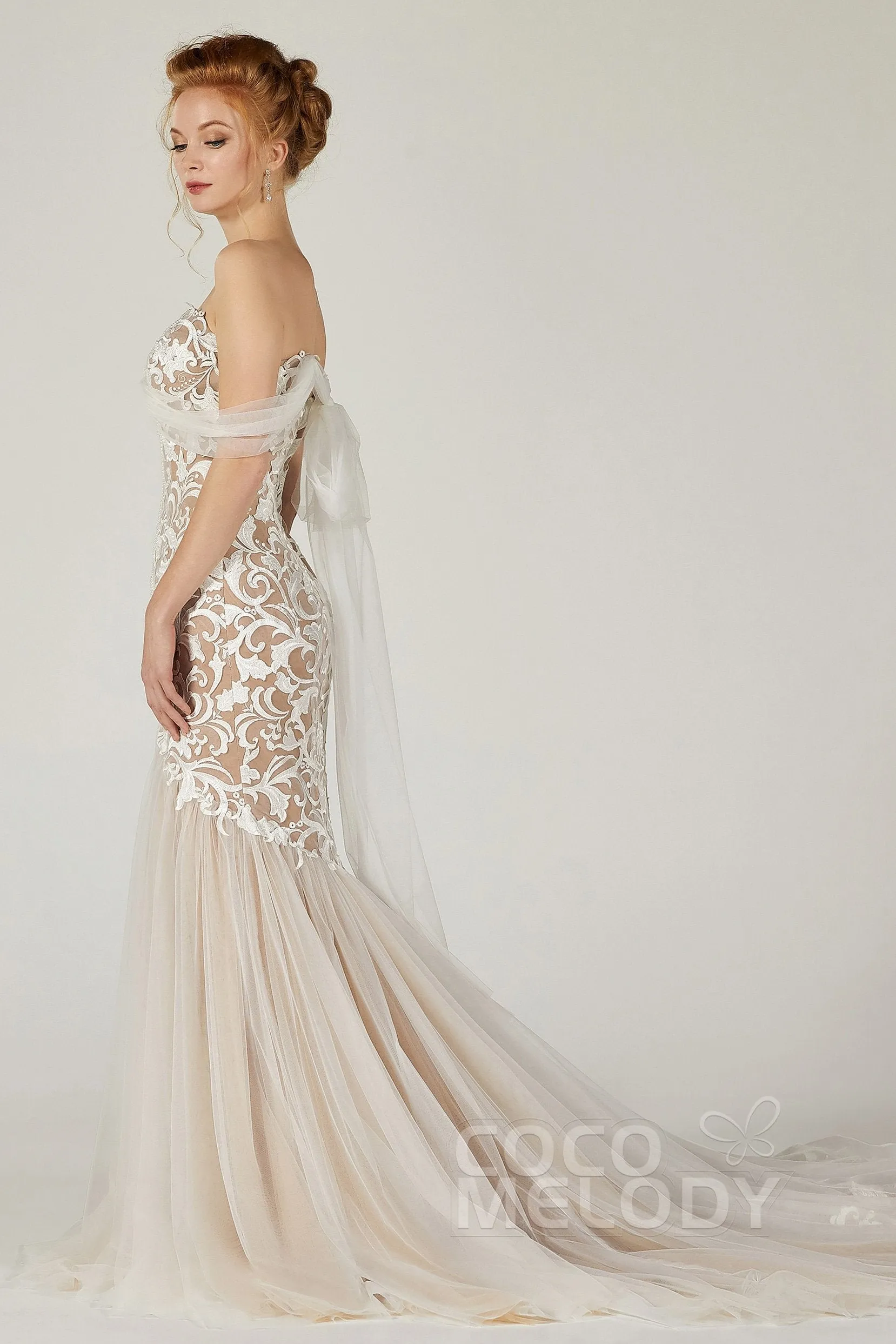 Trumpet Court Train Tulle Elastic Satin Wedding Dress CW2126 sold by Cocomelody product image thumbnail 5