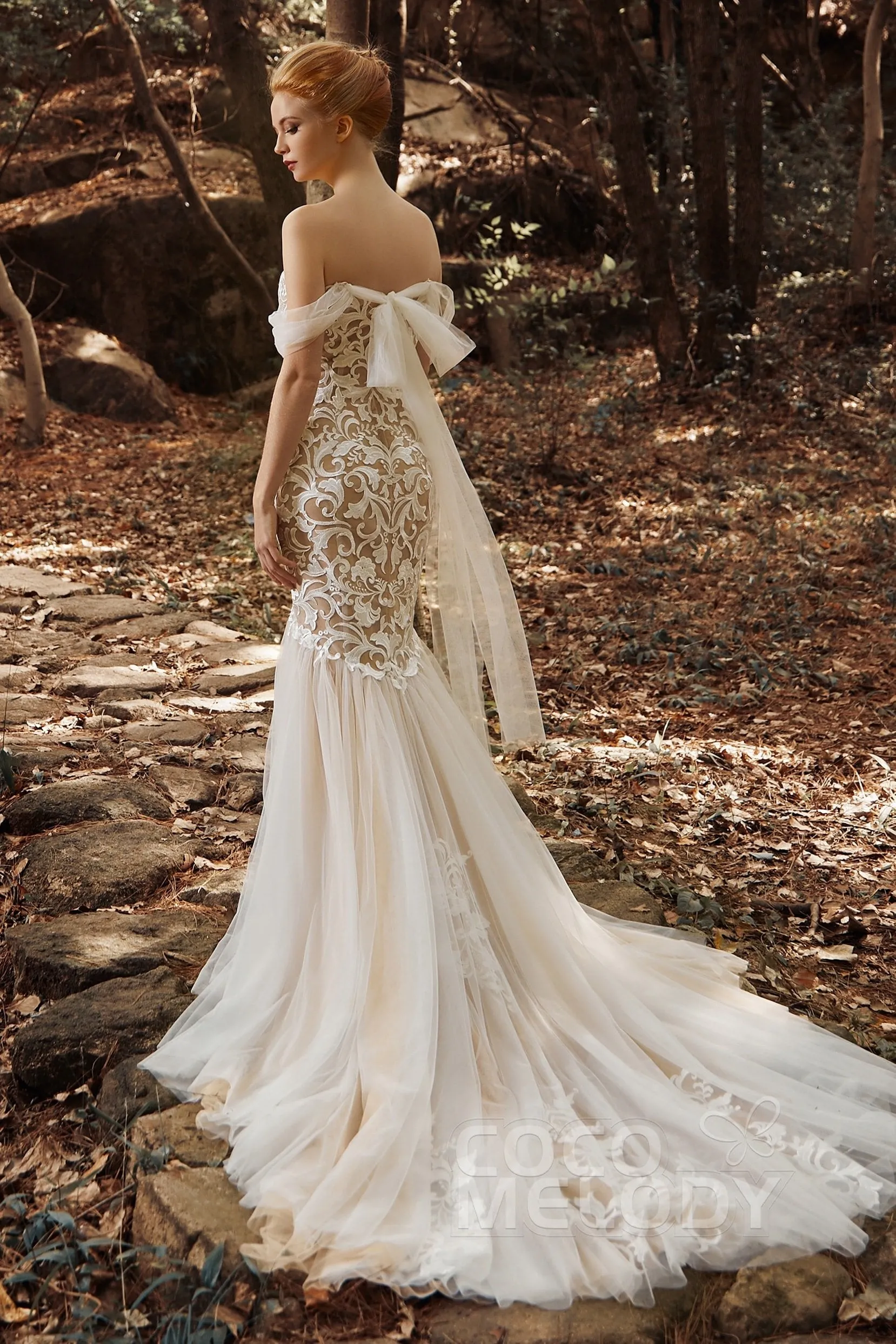 Trumpet Court Train Tulle Elastic Satin Wedding Dress CW2126 sold by Cocomelody product image thumbnail 2