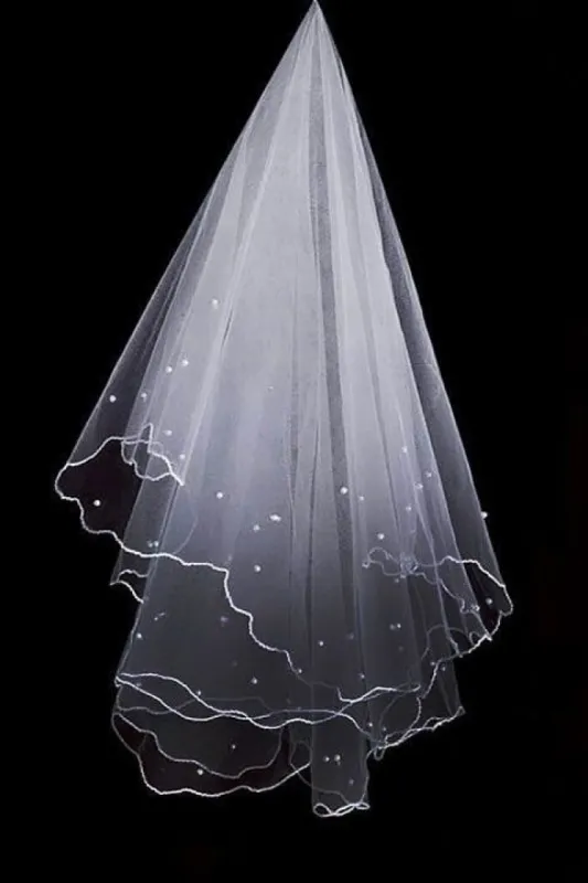 One-tier Pencil Edge Tulle Waist Veils with Pearls CV0389 sold by Cocomelody
