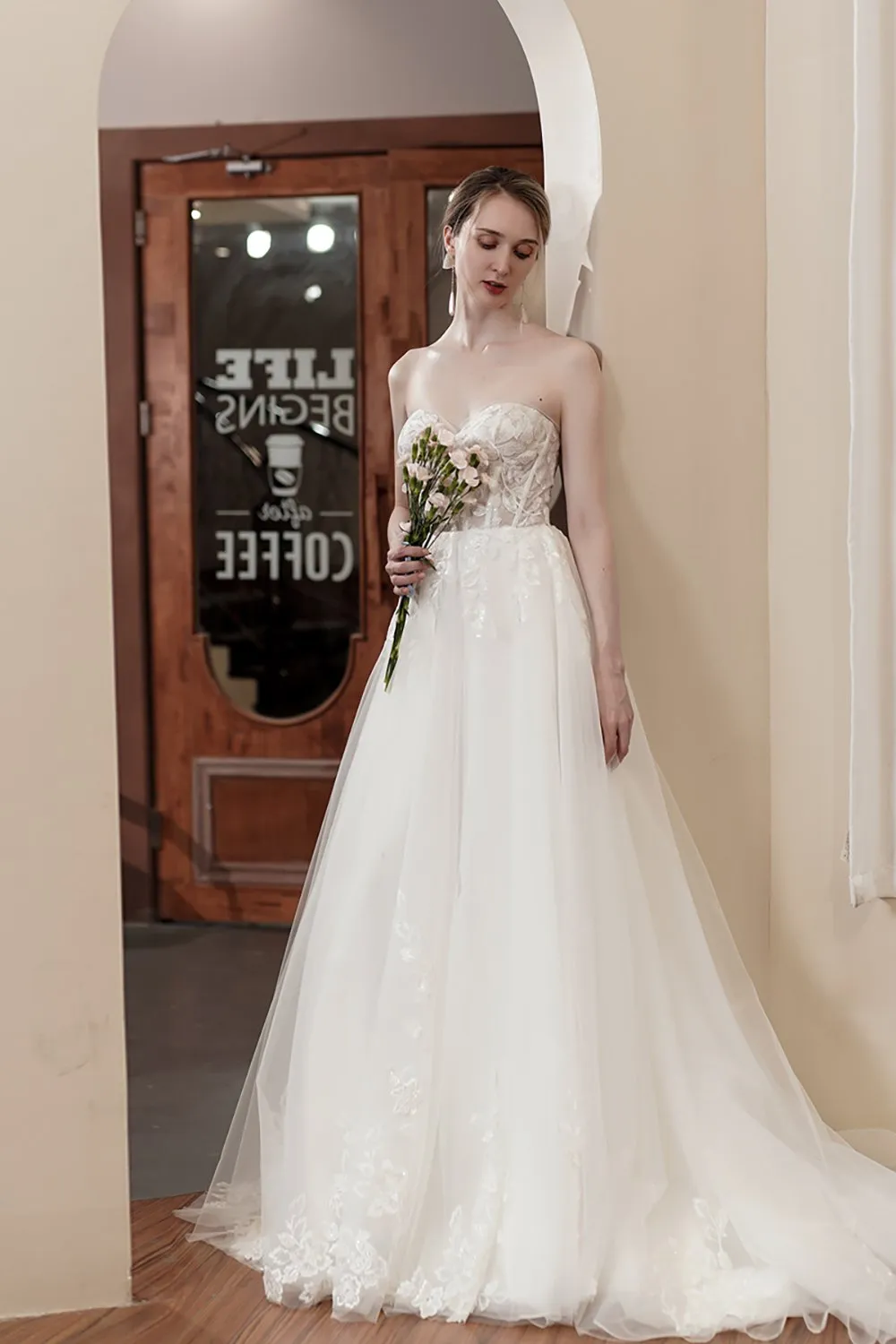 A-Line Sweep-Brush Train Lace Tulle Wedding Dress CW2980 sold by Cocomelody product image thumbnail 3