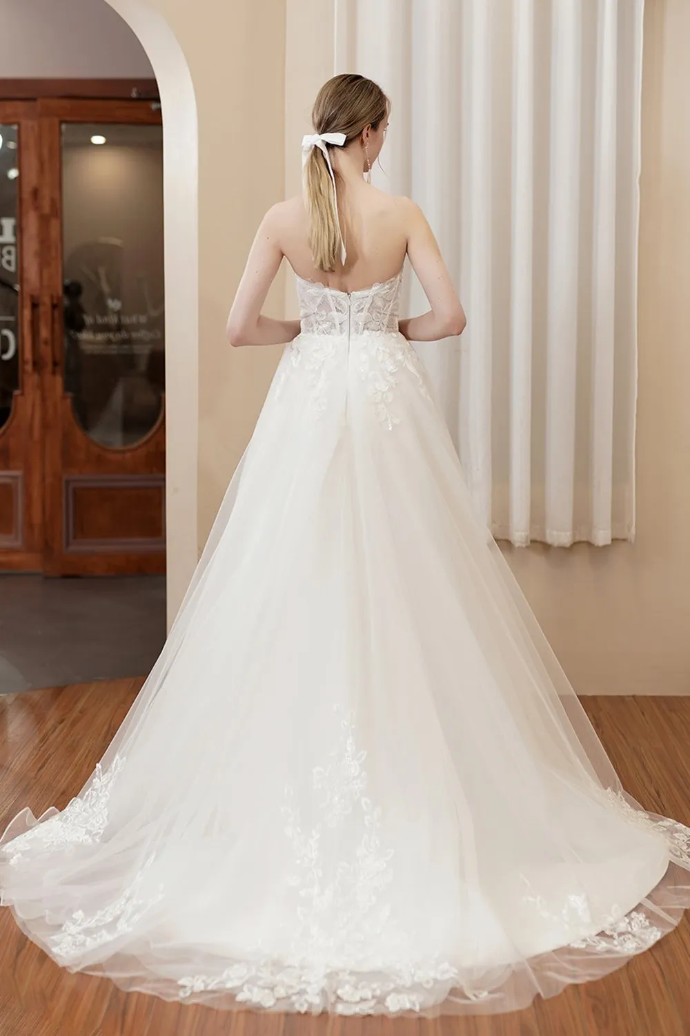 A-Line Sweep-Brush Train Lace Tulle Wedding Dress CW2980 sold by Cocomelody product image thumbnail 2