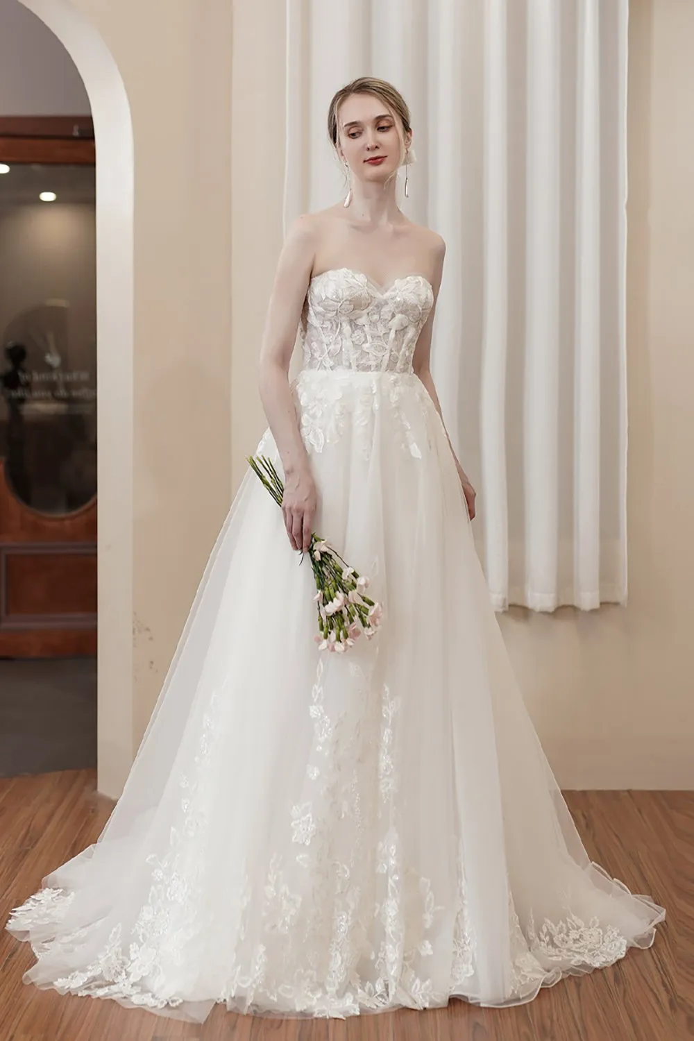 A-Line Sweep-Brush Train Lace Tulle Wedding Dress CW2980 sold by Cocomelody