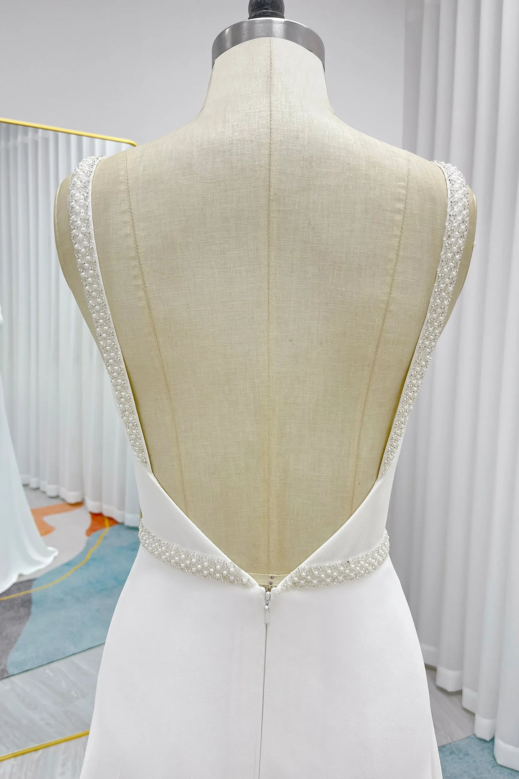 A-Line Sweep-Brush Train Stretch Satin Wedding Dress CW3292 sold by Cocomelody product image thumbnail 5