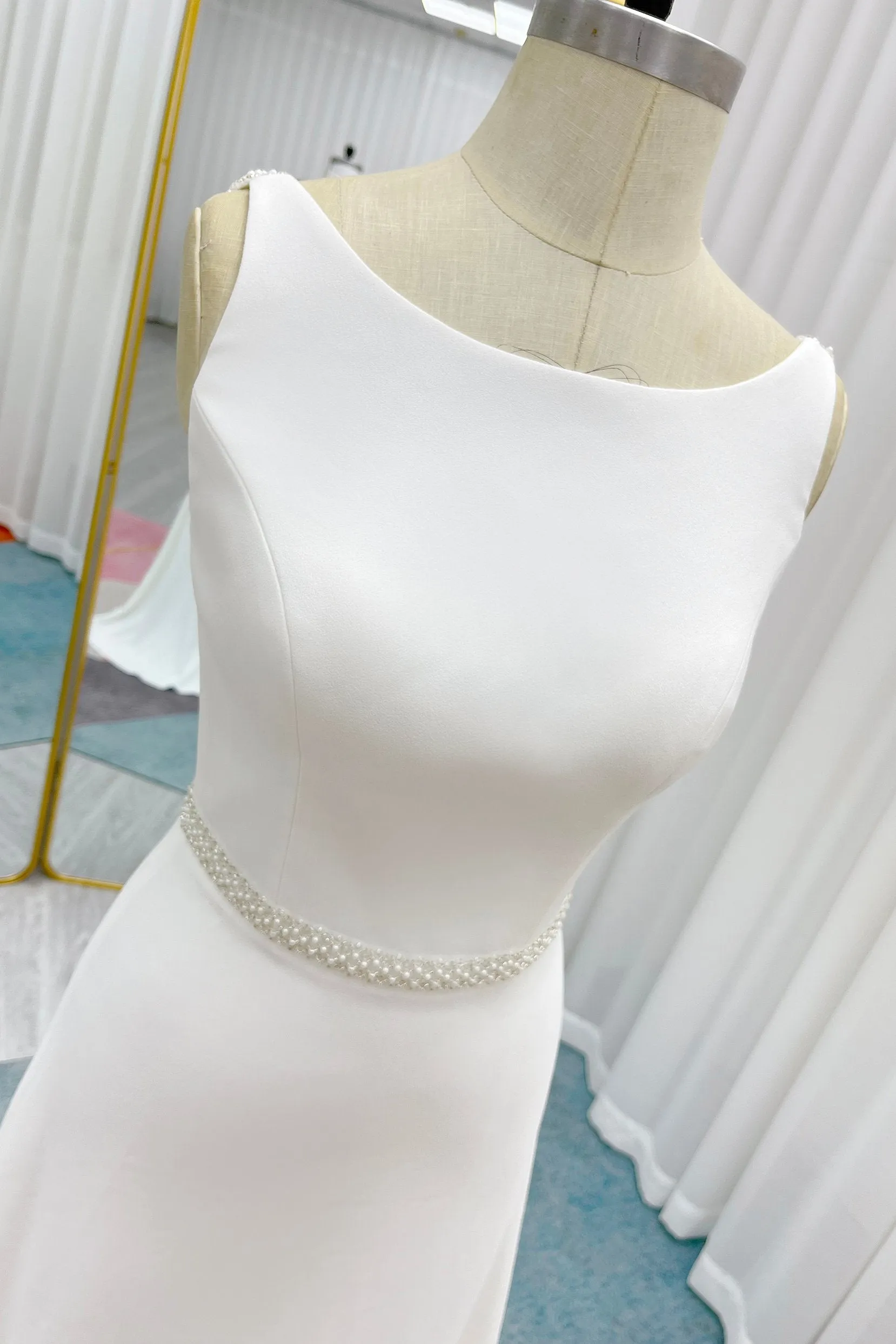 A-Line Sweep-Brush Train Stretch Satin Wedding Dress CW3292 sold by Cocomelody product image thumbnail 4