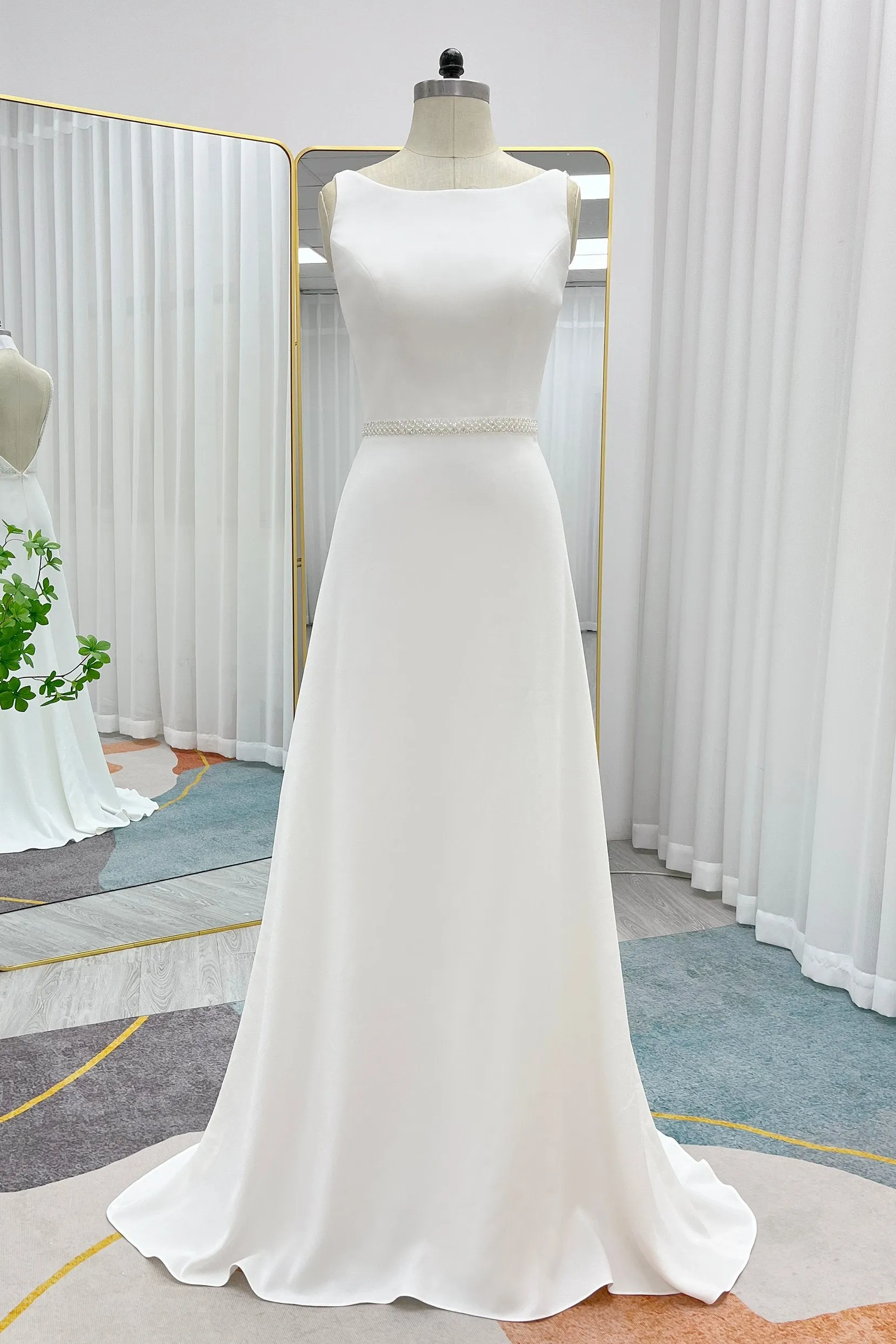 A-Line Sweep-Brush Train Stretch Satin Wedding Dress CW3292 sold by Cocomelody