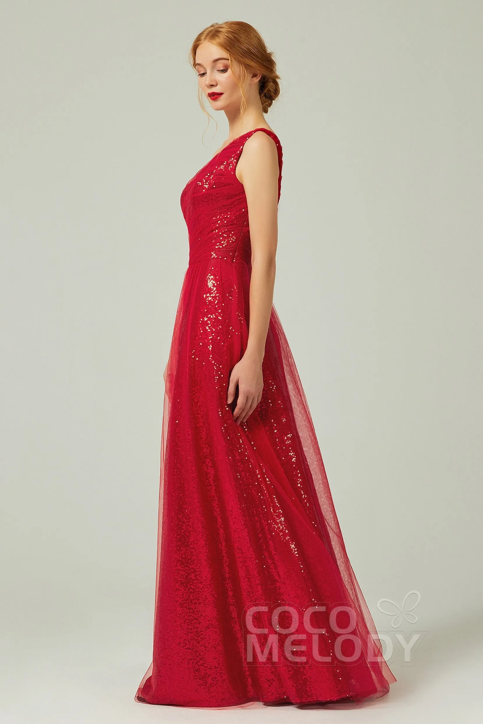 A-Line Floor Length Tulle Sequined Bridesmaid Dress CB0342 sold by Cocomelody product image thumbnail 3