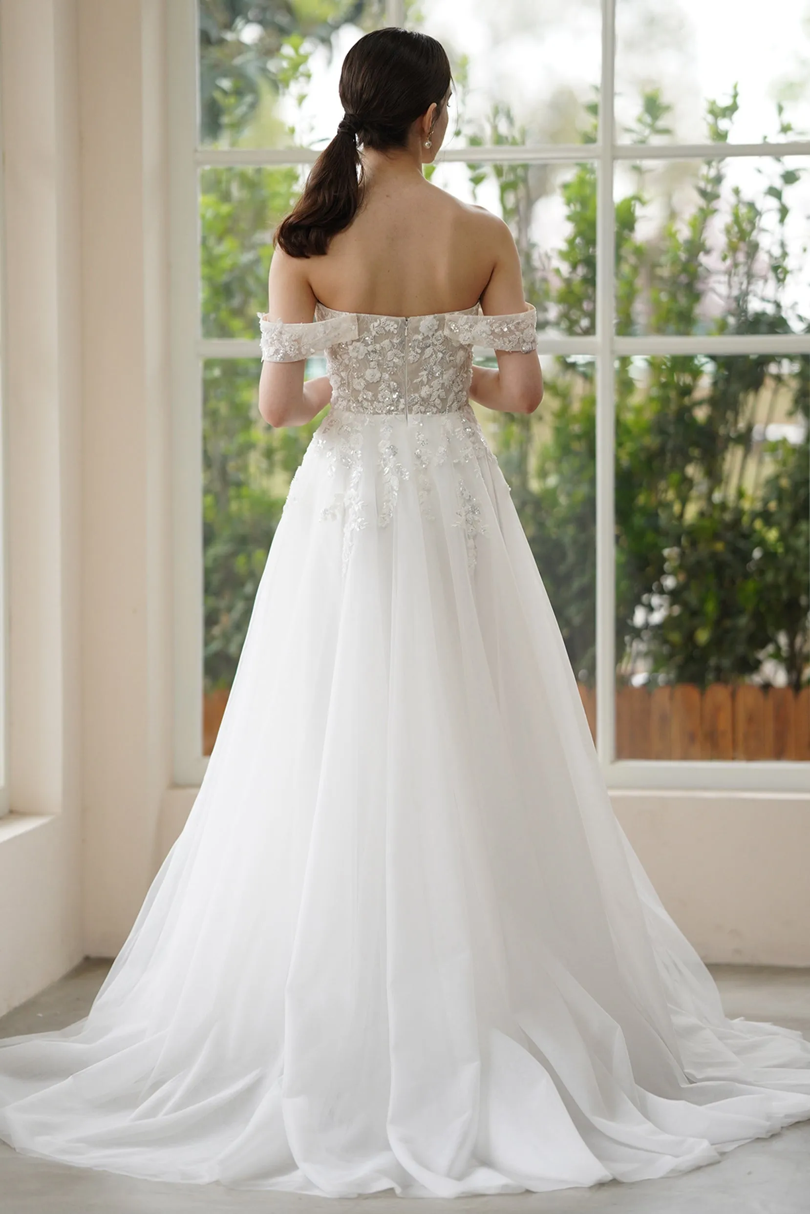 A-Line Sweep-Brush Train Lace Tulle Wedding Dress CW3314 sold by Cocomelody product image thumbnail 2
