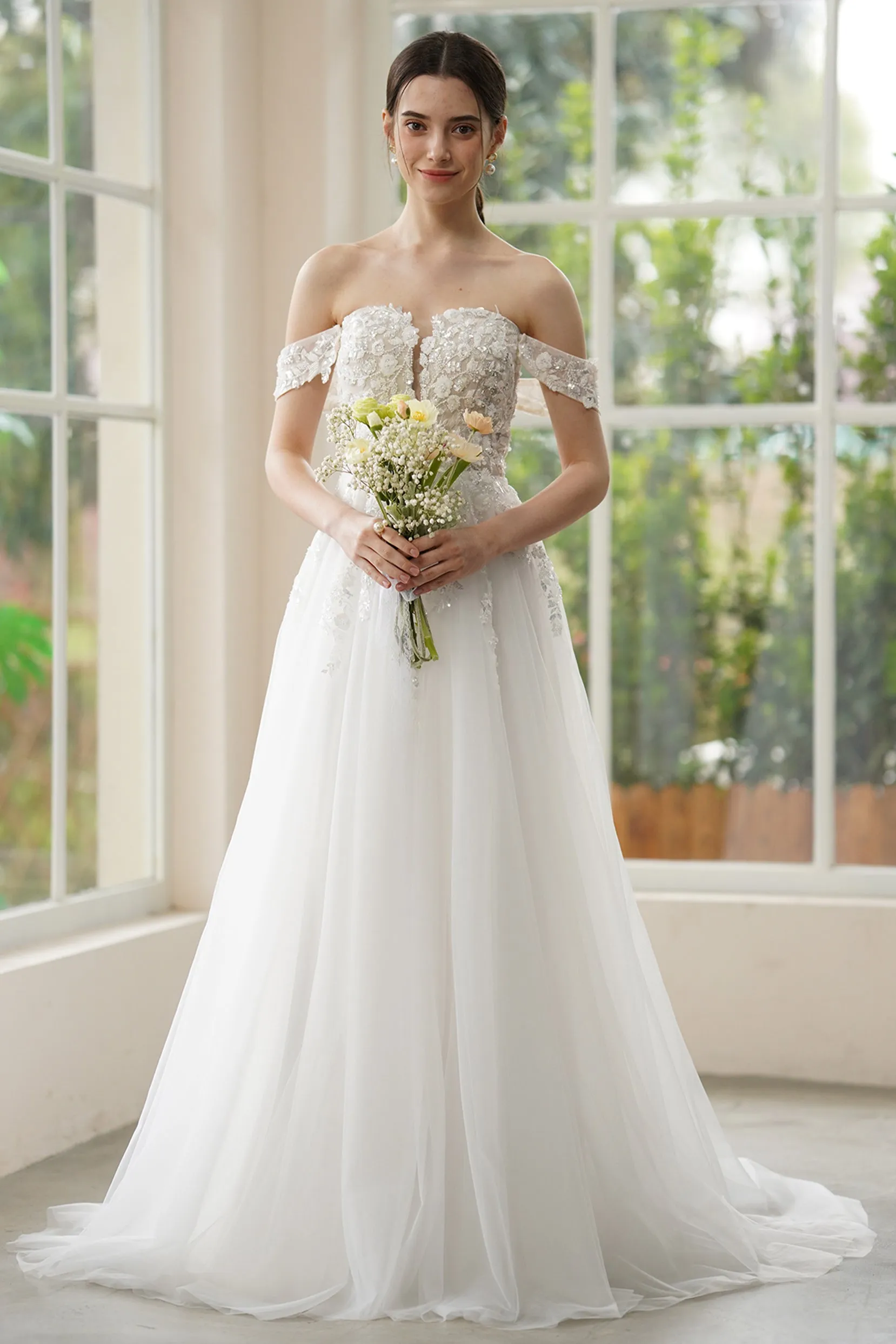 A-Line Sweep-Brush Train Lace Tulle Wedding Dress CW3314 sold by Cocomelody