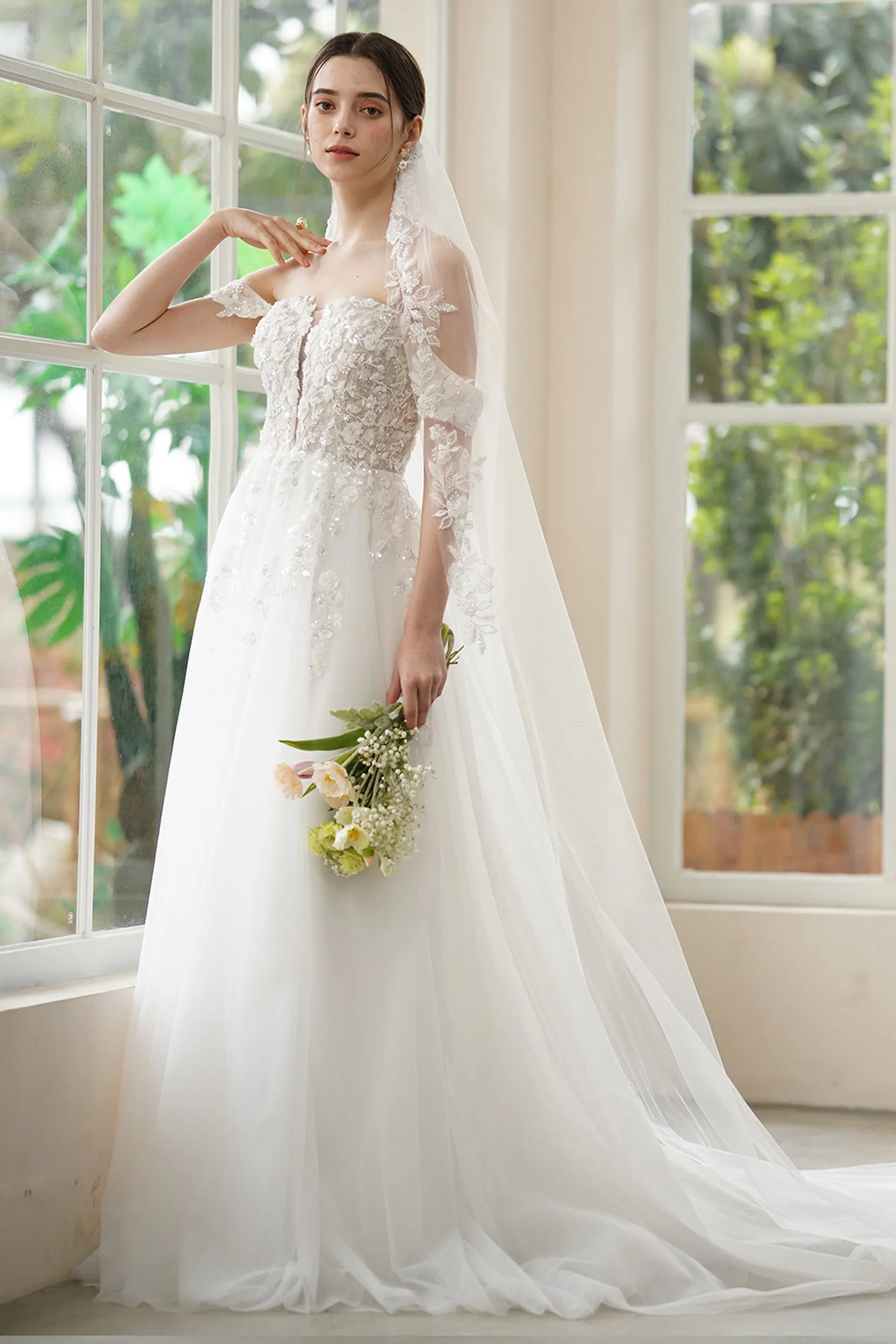 A-Line Sweep-Brush Train Lace Tulle Wedding Dress CW3314 sold by Cocomelody product image thumbnail 5
