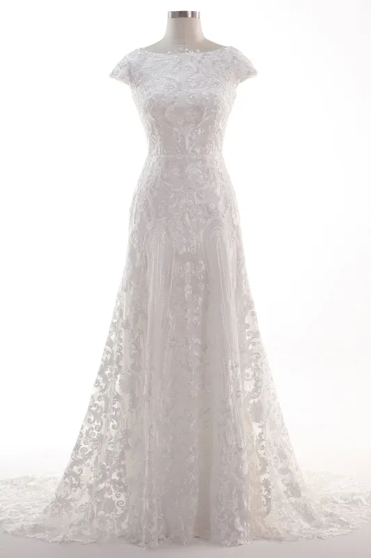 Sheath-Column Sweep Train Tulle Lace Wedding Dress CW2457 sold by Cocomelody