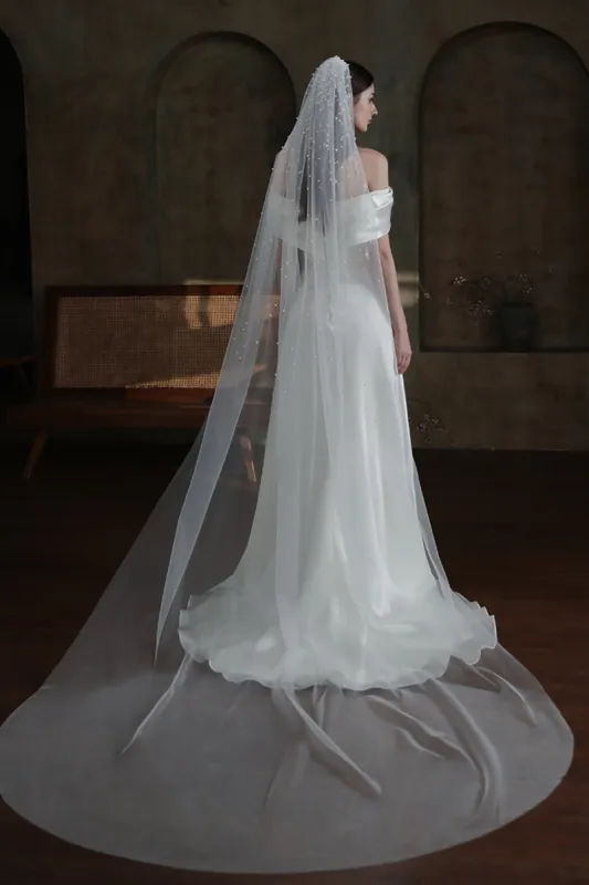 One-tier Cut Edge Tulle Chapel Veils with Pearls CV0318 sold by Cocomelody