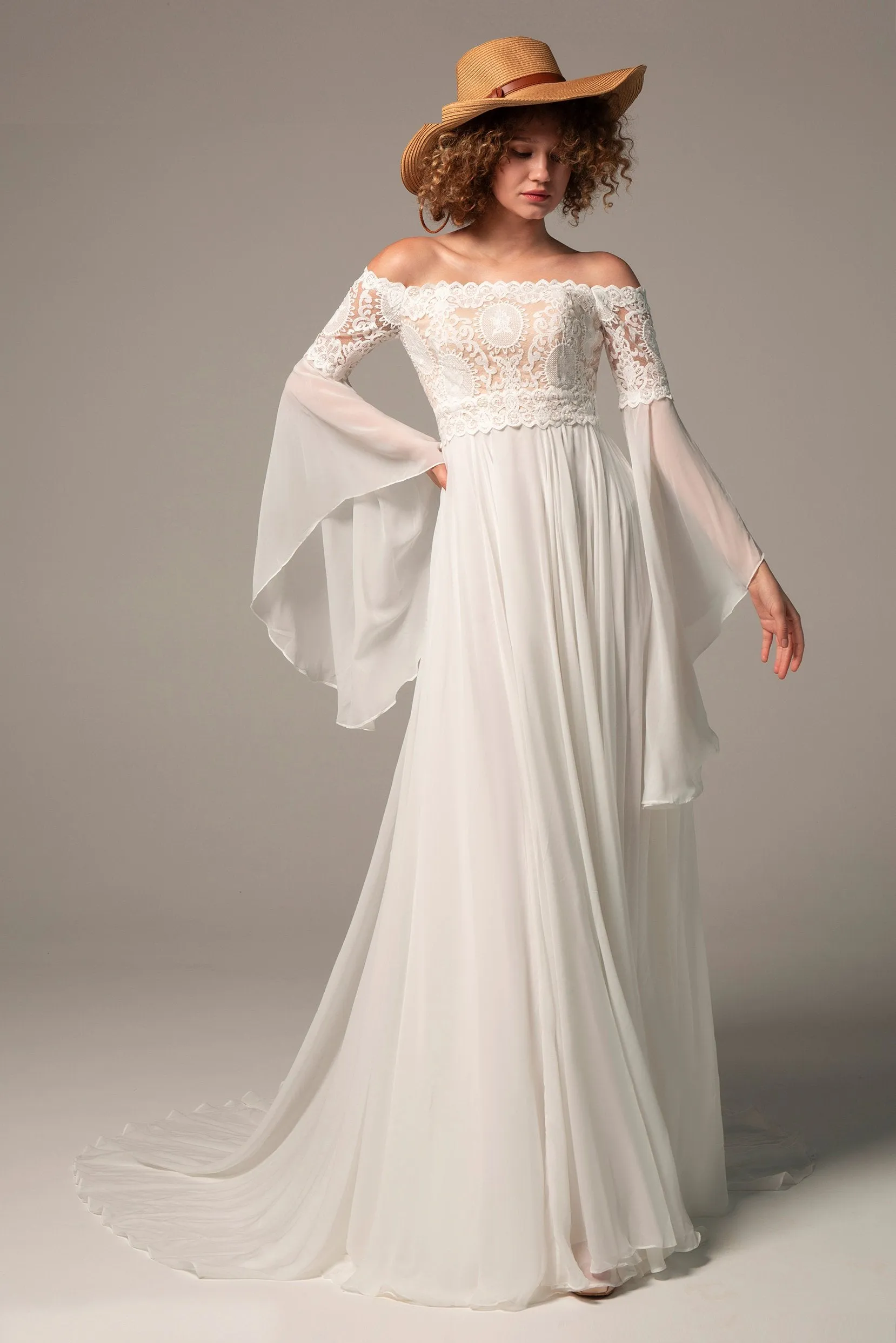 A-Line Court Train Chiffon Lace Wedding Dress CW2223 sold by Cocomelody product image thumbnail 3