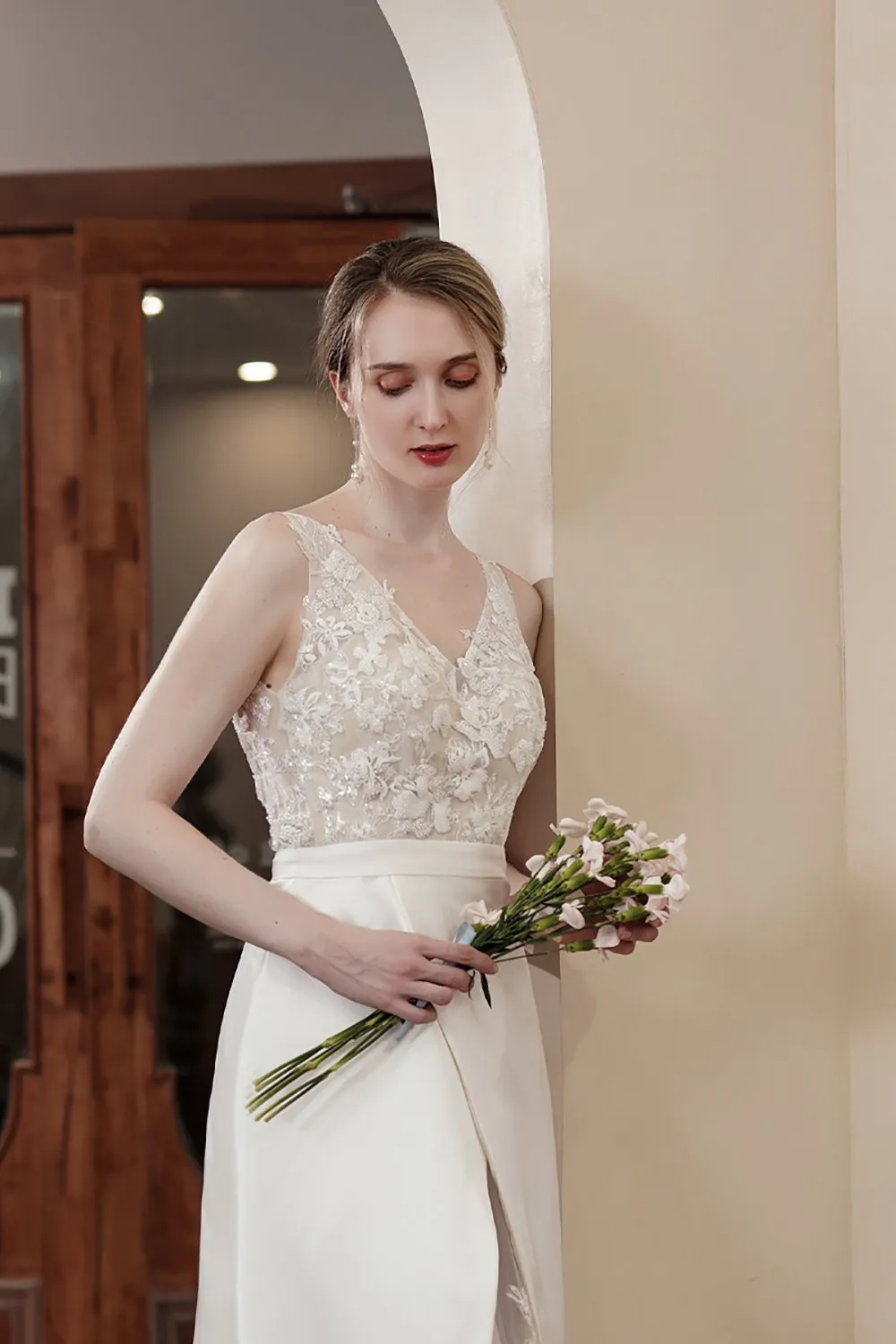 Sheath-Column Sweep-Brush Train Satin Wedding Dress CW2976 sold by Cocomelody product image thumbnail 5