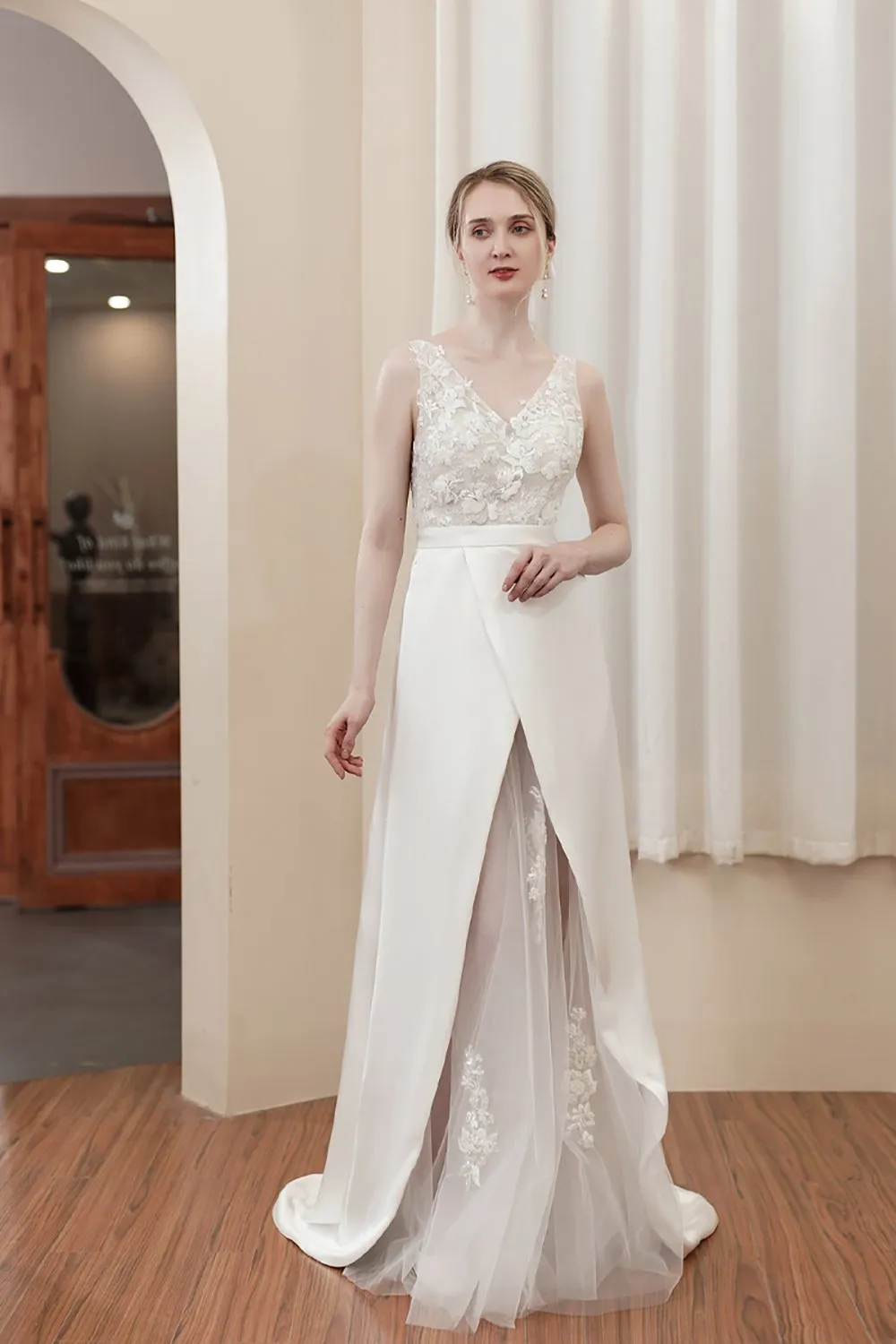 Sheath-Column Sweep-Brush Train Satin Wedding Dress CW2976 sold by Cocomelody product image thumbnail 3
