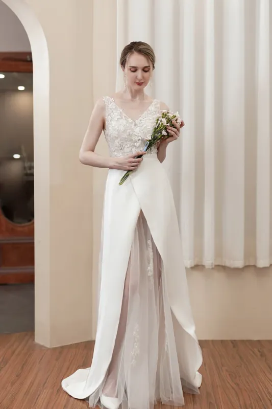 Sheath-Column Sweep-Brush Train Satin Wedding Dress CW2976 sold by Cocomelody