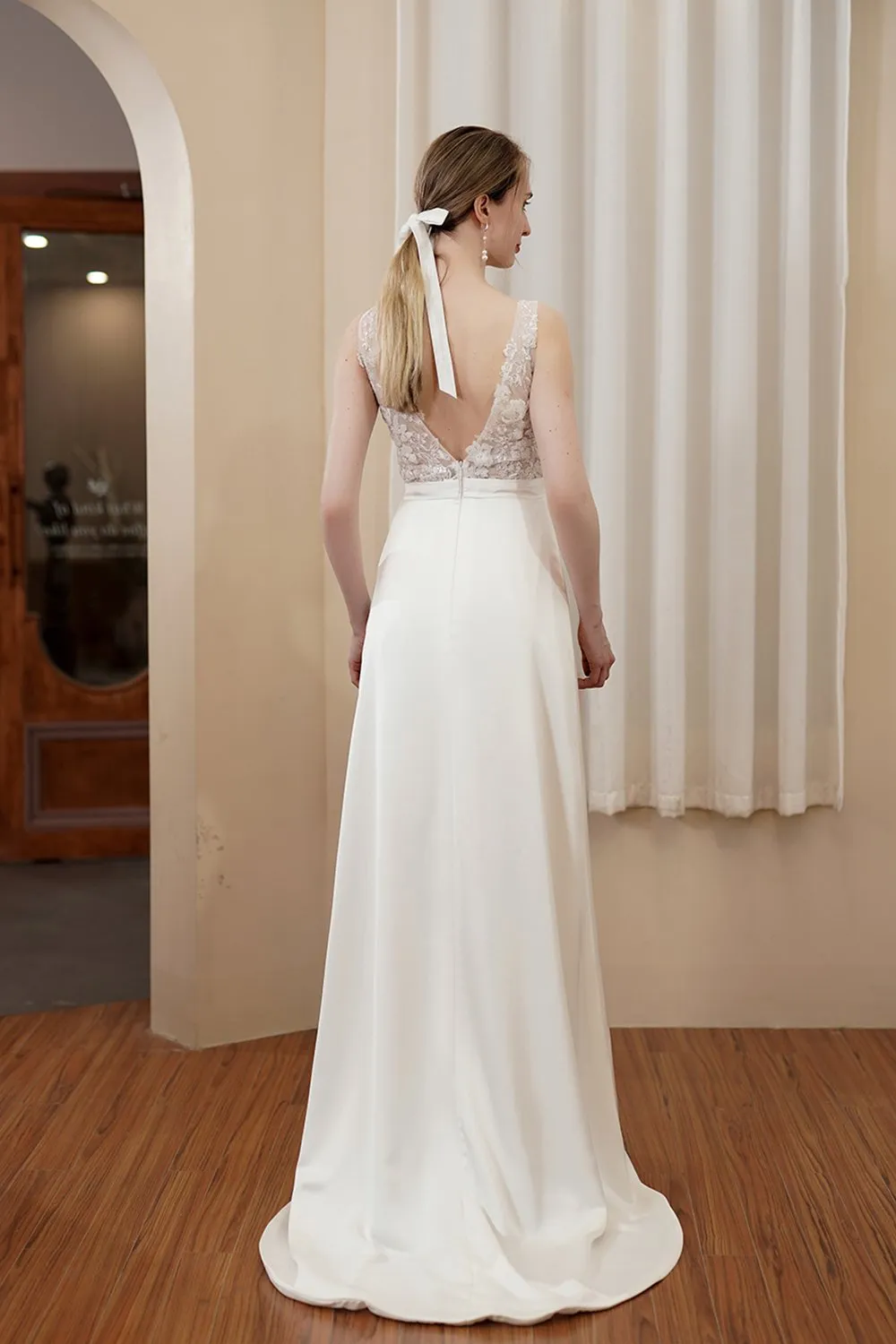 Sheath-Column Sweep-Brush Train Satin Wedding Dress CW2976 sold by Cocomelody product image thumbnail 2