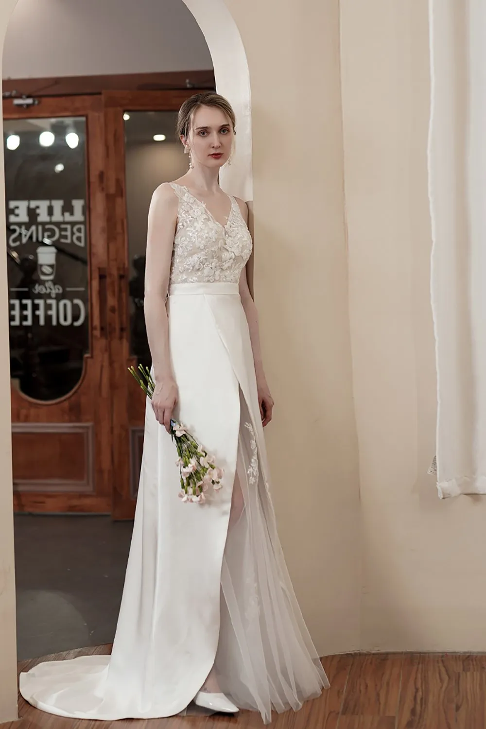 Sheath-Column Sweep-Brush Train Satin Wedding Dress CW2976 sold by Cocomelody product image thumbnail 4
