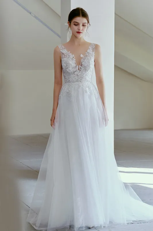 A-Line Sweep-Brush Train Lace Tulle Wedding Dress CW2681 sold by Cocomelody