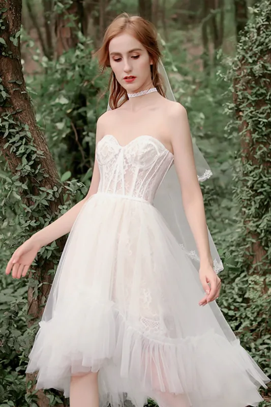 A-Line High-Low Lace Tulle Wedding Dress CW2732 sold by Cocomelody