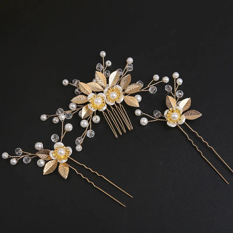 Gold Leaf Hair Comb Handmade Bride Crown Headpiece Flower comb set 690525637756 sold by Cocomelody
