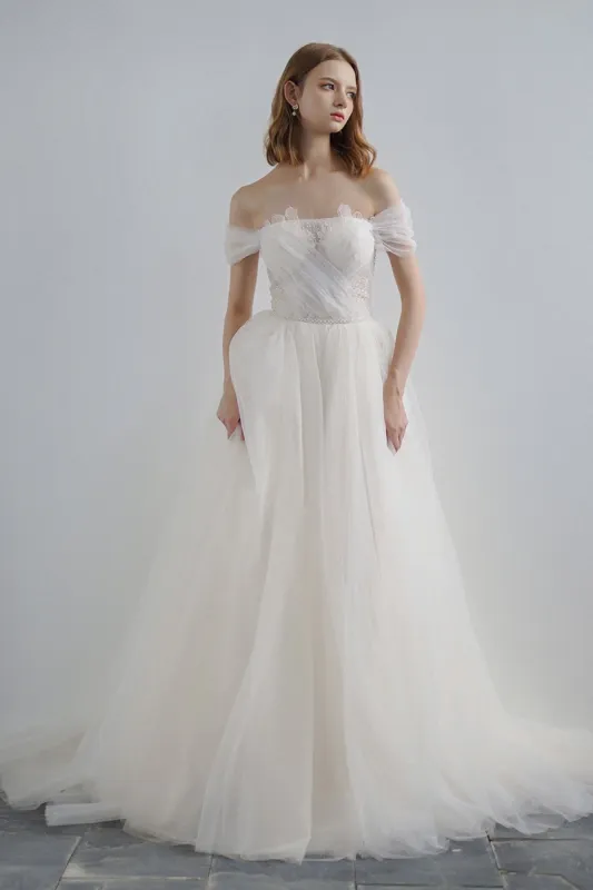 A-Line Sweep-Brush Train Lace Tulle Wedding Dress CW3220 sold by Cocomelody