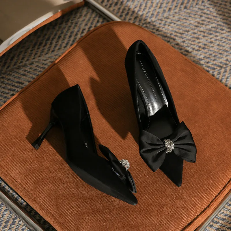 Black Suede Bowknot Pointy Stiletto Heels 746813568399 sold by Cocomelody product image thumbnail 3