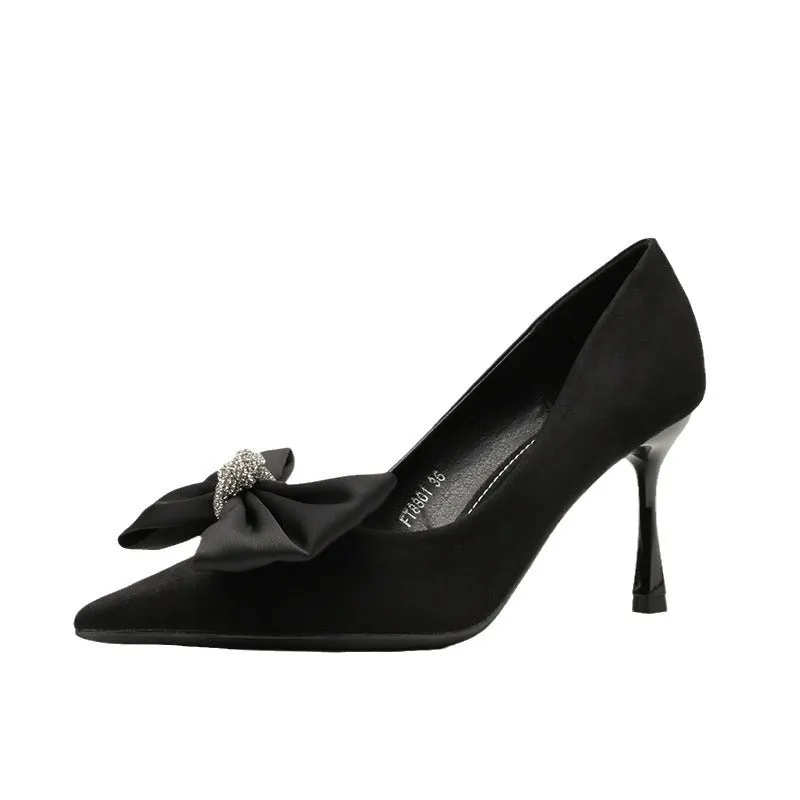 Black Suede Bowknot Pointy Stiletto Heels 746813568399 sold by Cocomelody