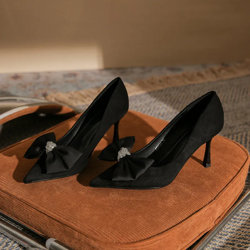 Black Suede Bowknot Pointy Stiletto Heels 746813568399 sold by Cocomelody product image thumbnail 2