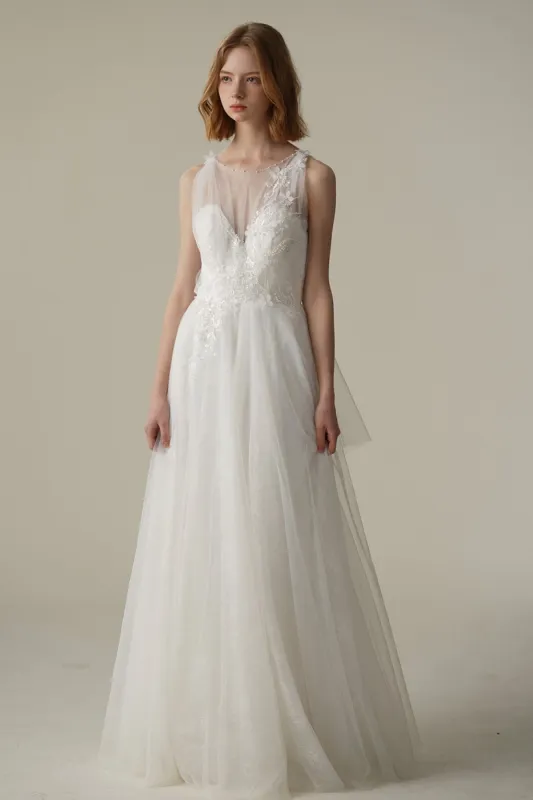 A-Line Sweep-Brush Train Lace Tulle Wedding Dress CW3082 sold by Cocomelody