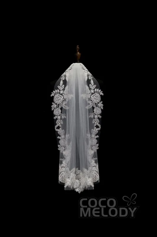 One-tier Lace Edge Tulle Hip Veils with Appliques AV180001 sold by Cocomelody