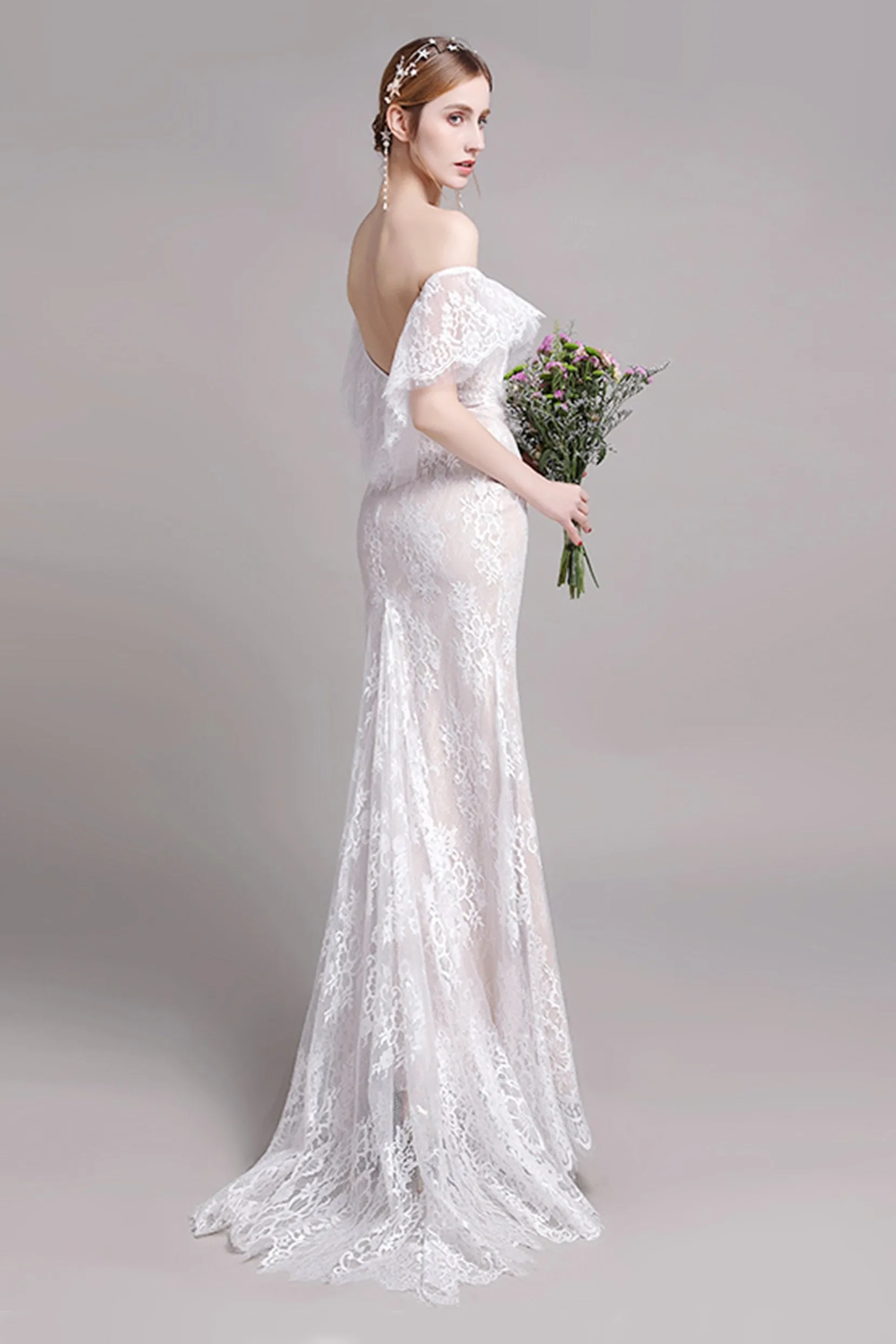 Trumpet-Mermaid Floor Length Lace Tulle Wedding Dress CW2729 sold by Cocomelody product image thumbnail 2