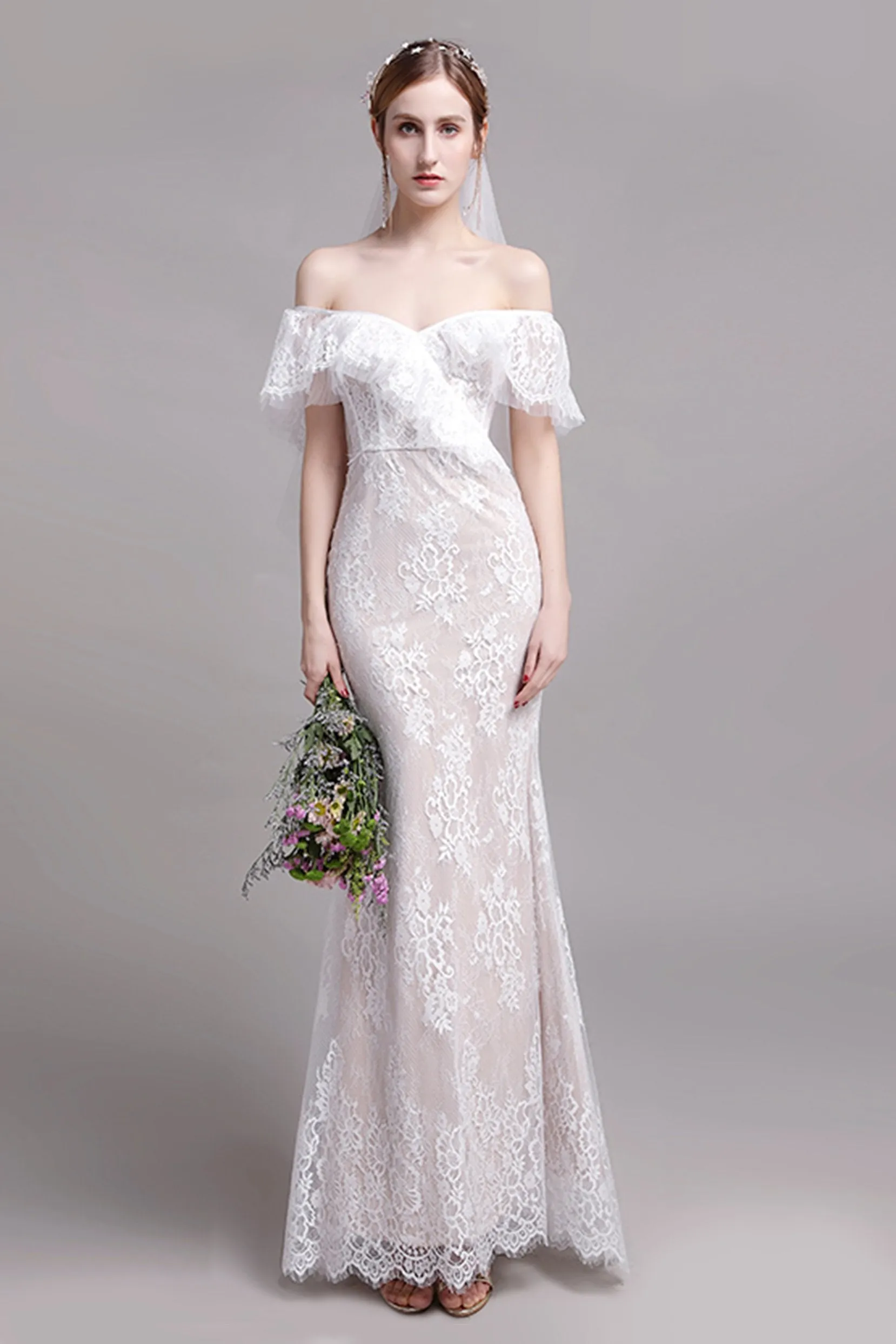 Trumpet-Mermaid Floor Length Lace Tulle Wedding Dress CW2729 sold by Cocomelody