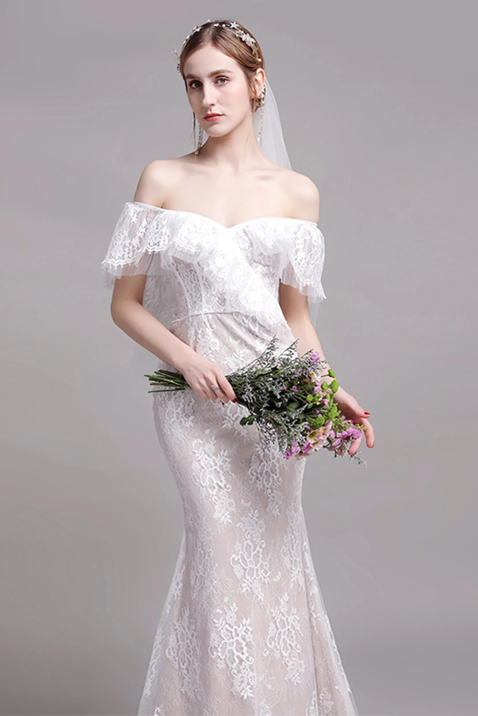 Trumpet-Mermaid Floor Length Lace Tulle Wedding Dress CW2729 sold by Cocomelody product image thumbnail 3