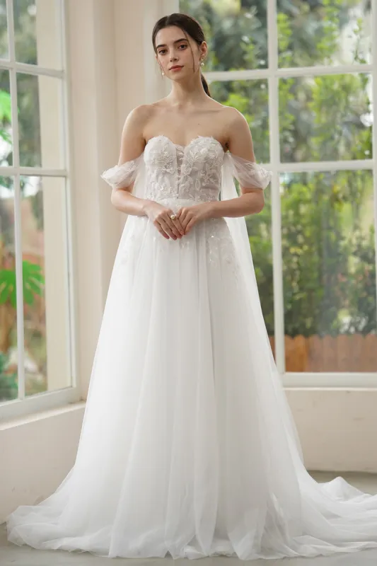 A-Line Sweep-Brush Train Lace Tulle Wedding Dress CW3313 sold by Cocomelody